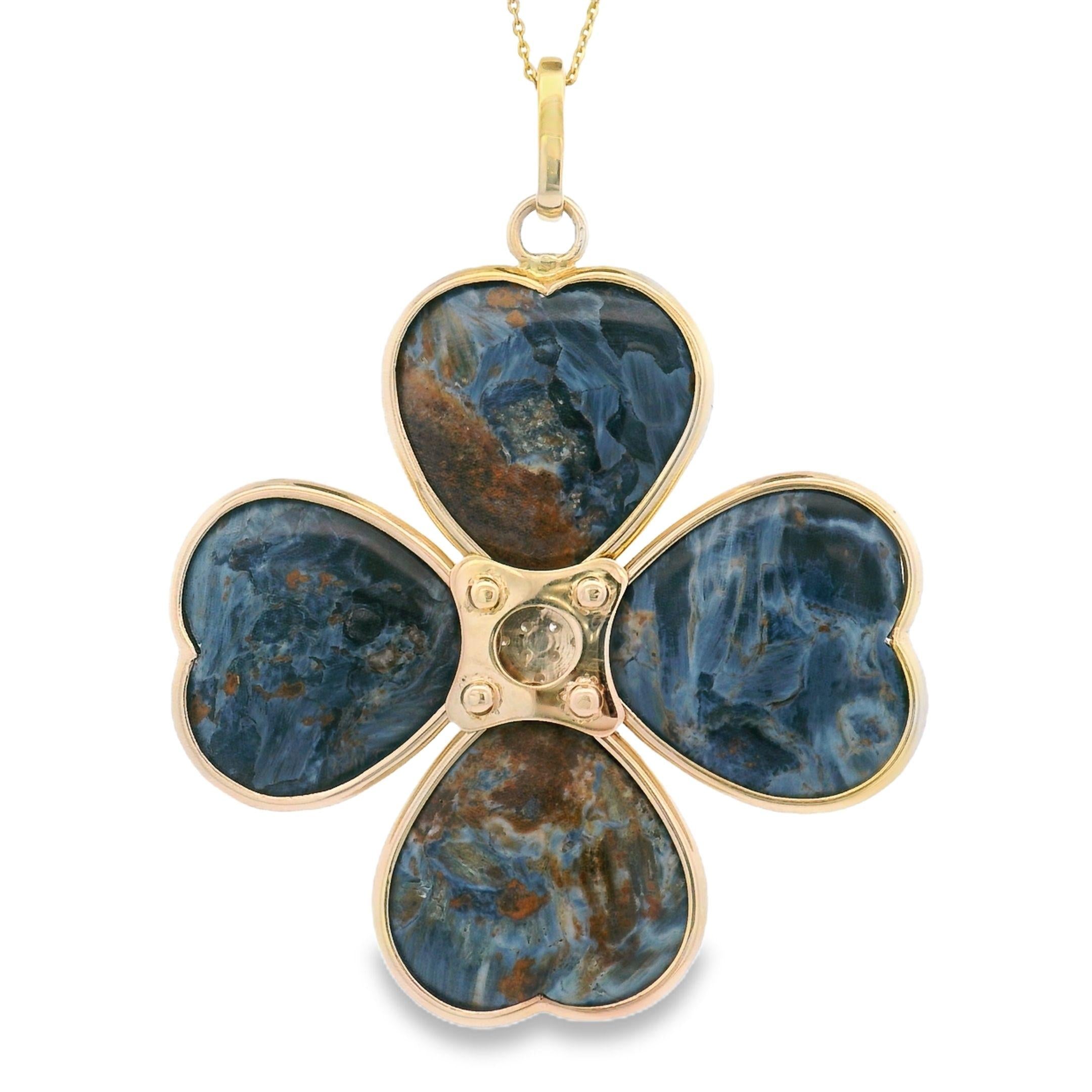 Handmade Diamond and Pietersite Clover 14k Gold Pendant