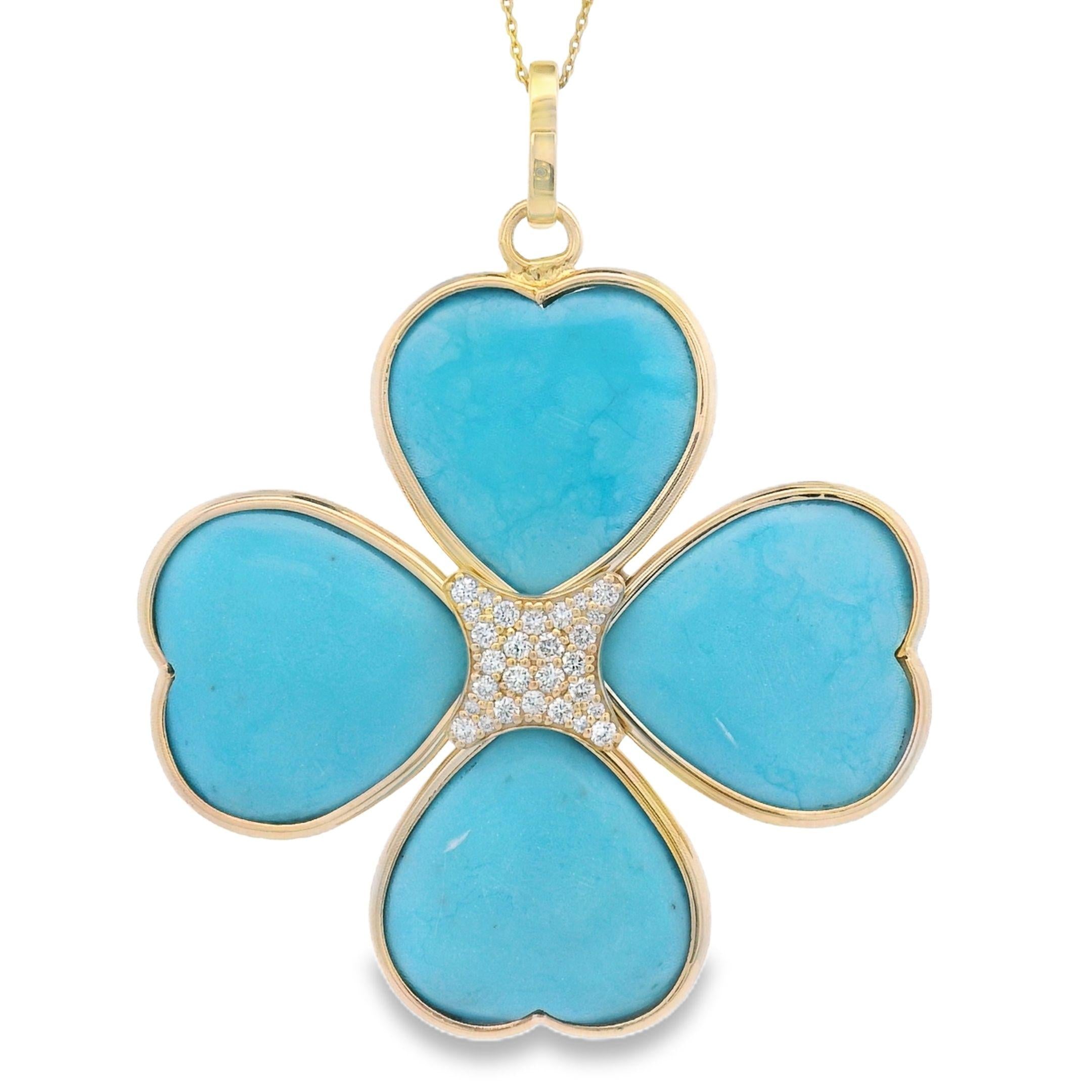 Handmade Diamond and Natural Turquoise Clover 14k Gold Pendant