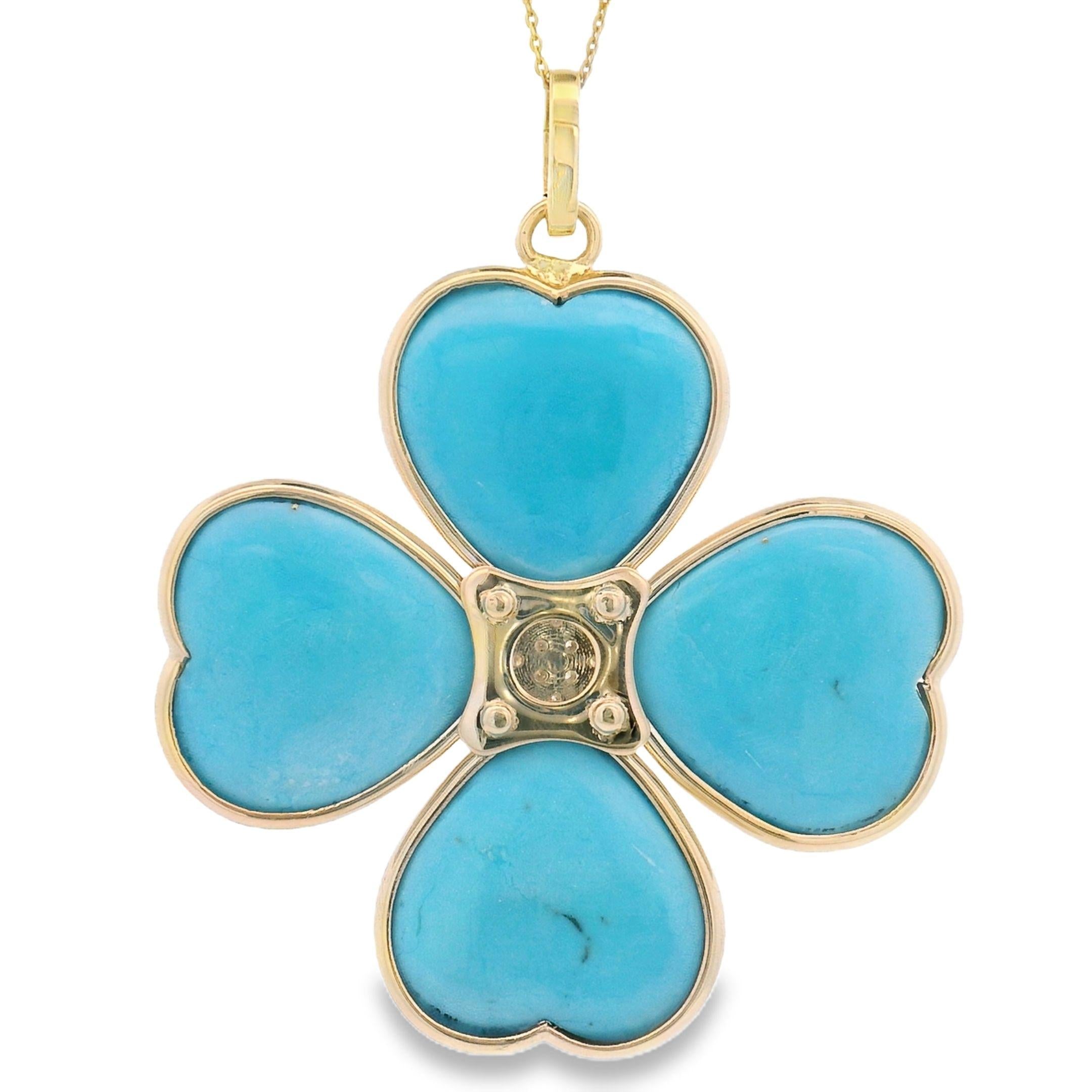 Handmade Diamond and Natural Turquoise Clover 14k Gold Pendant