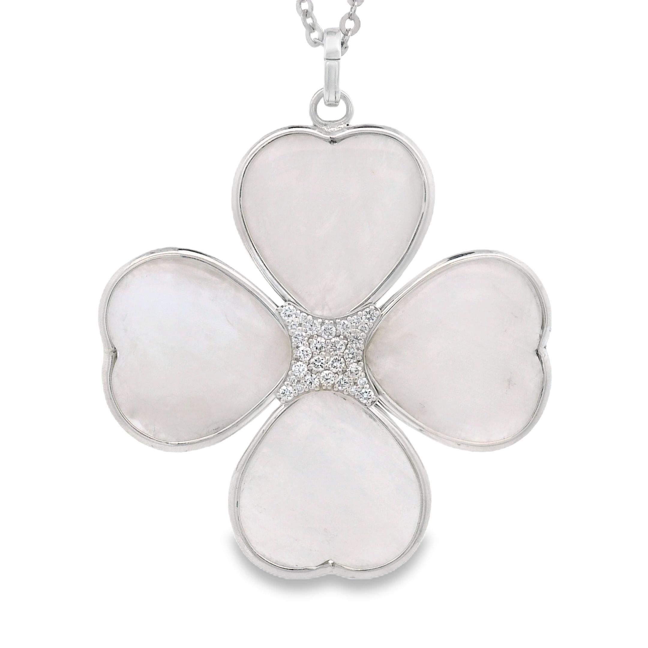 Handmade Diamond and Rainbow Moonstone Clover Silver Pendant