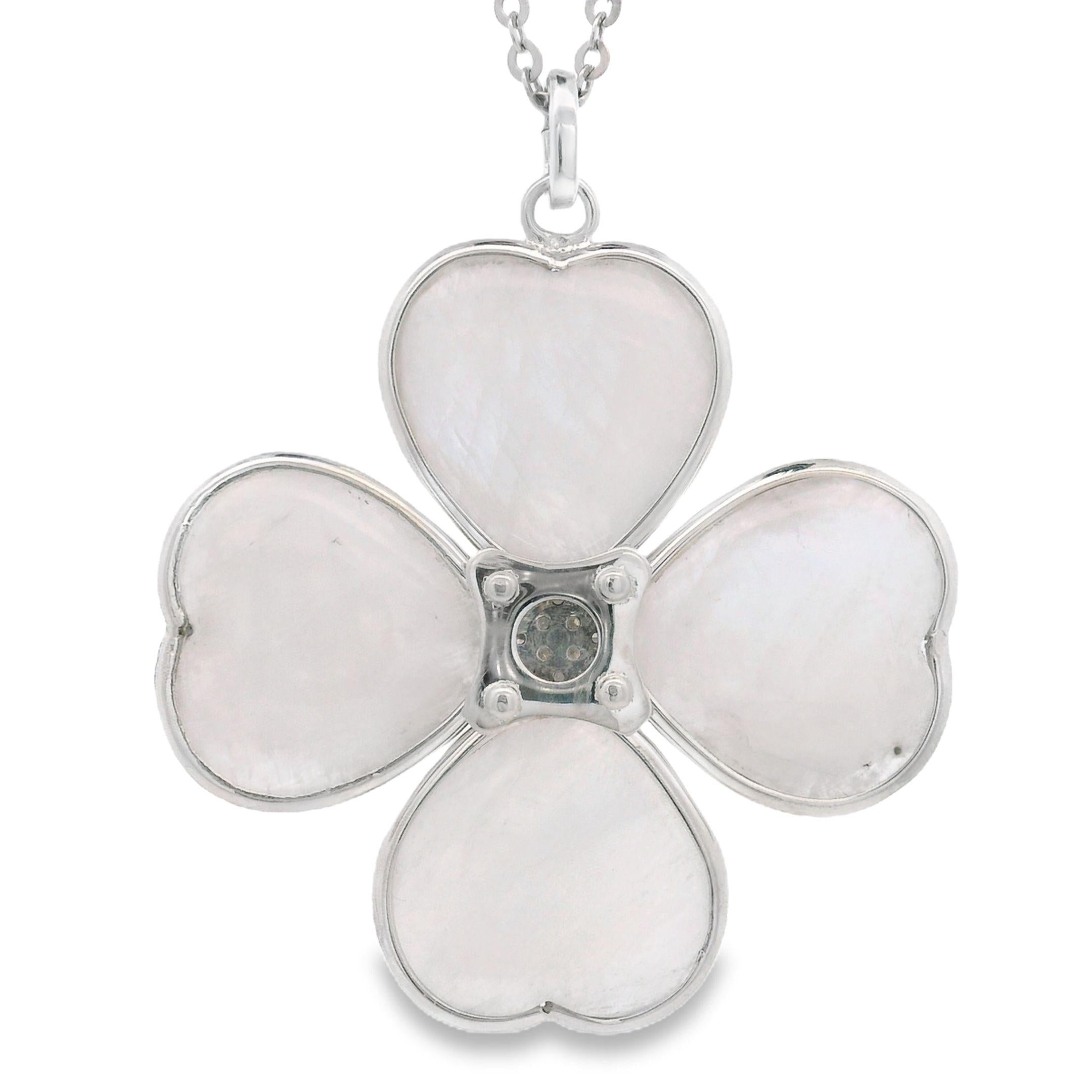 Handmade Diamond and Rainbow Moonstone Clover Silver Pendant