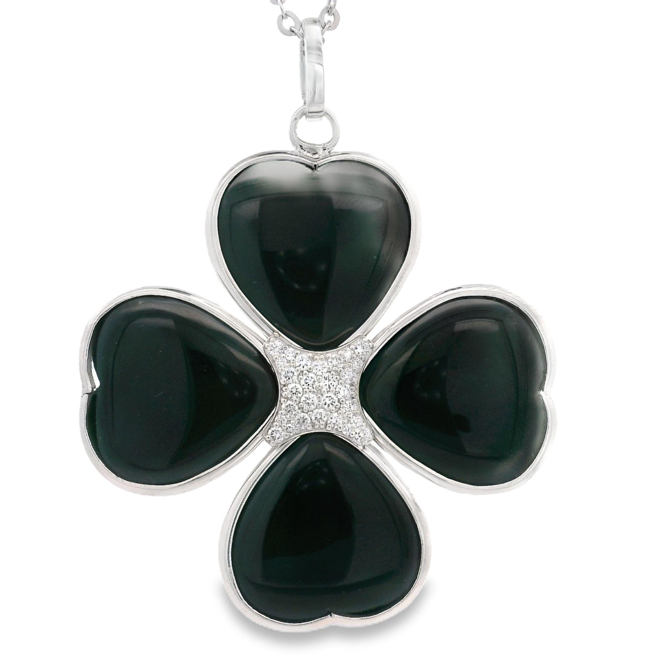 Handmade Diamond and Onyx Clover Silver Pendant