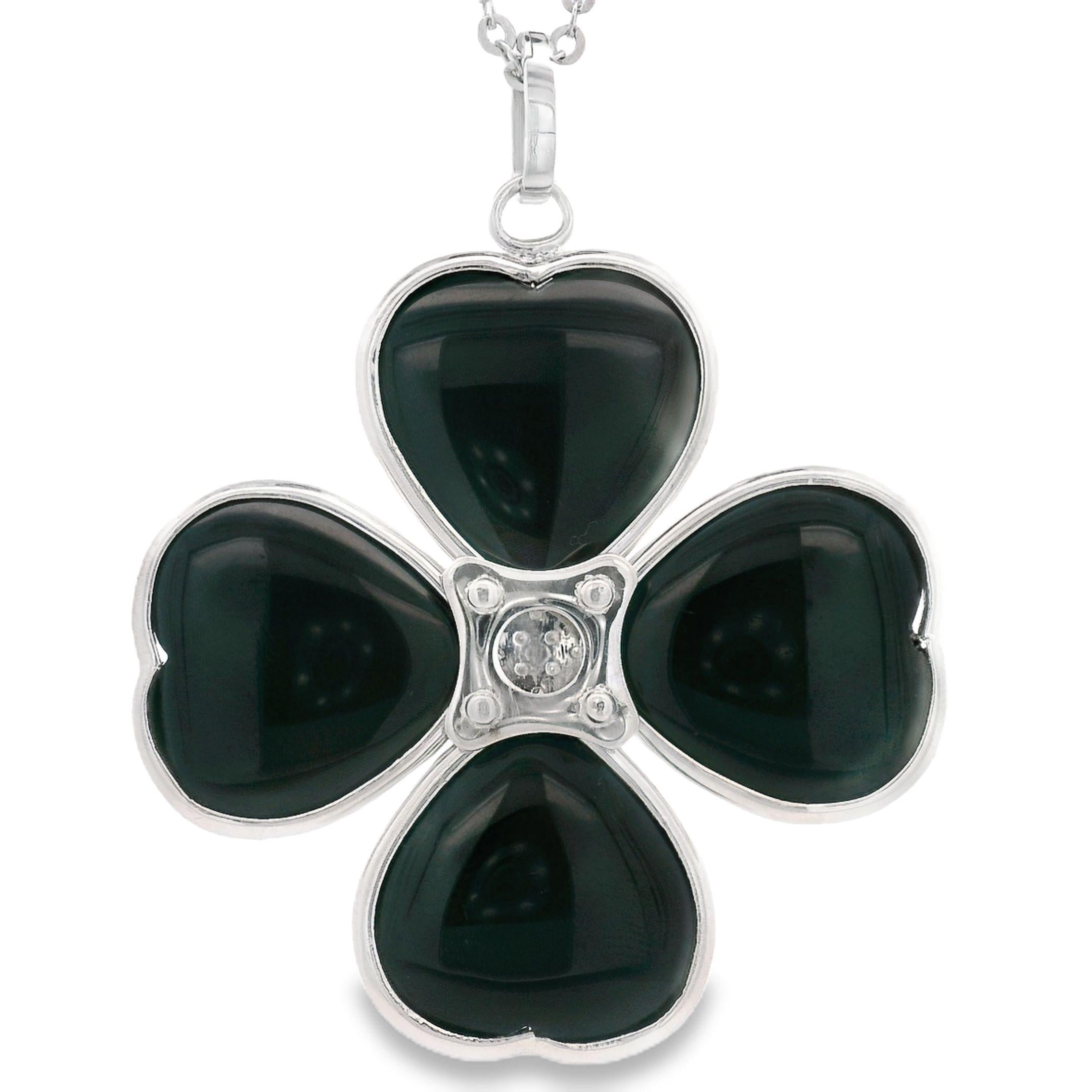 Handmade Diamond and Onyx Clover Silver Pendant