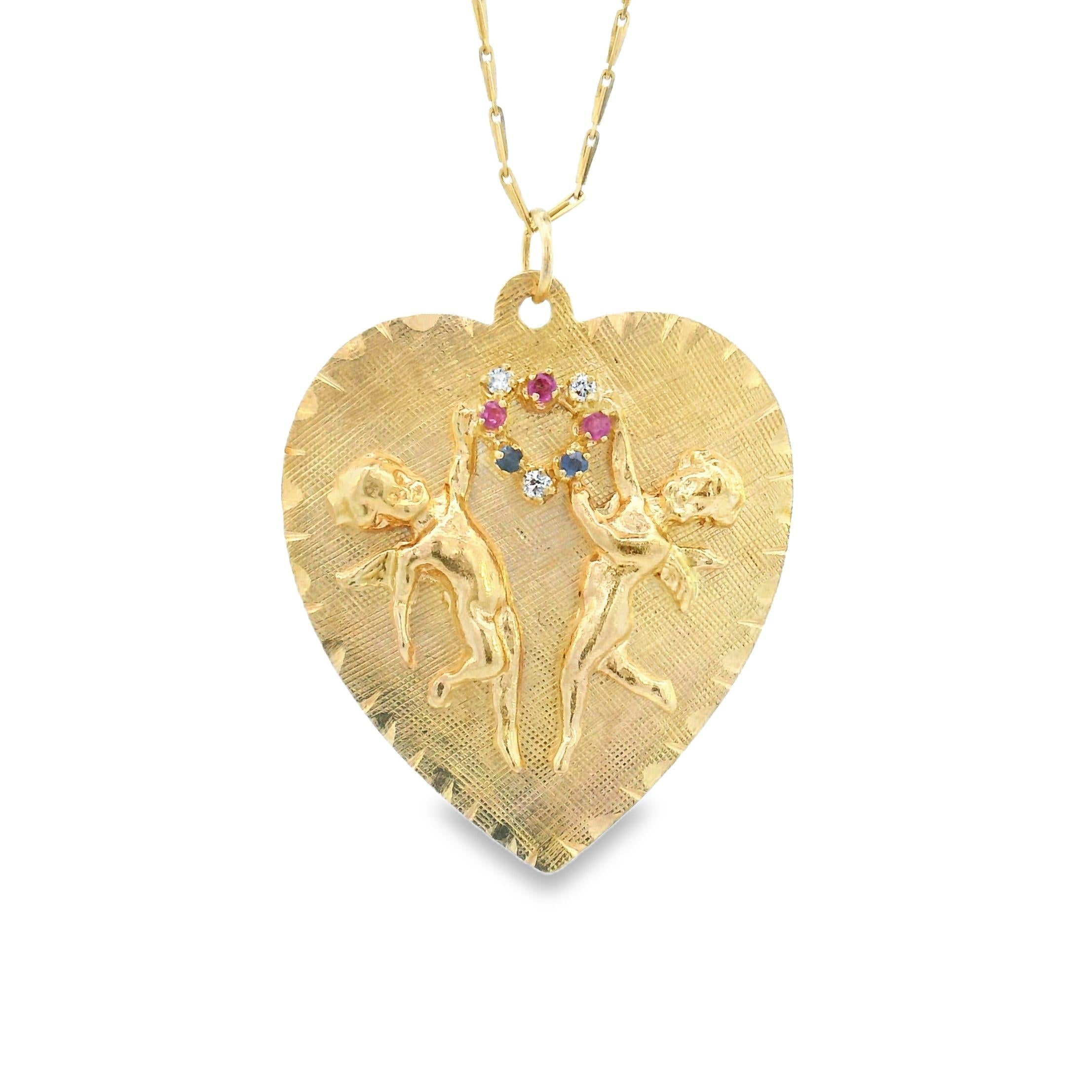 14k Gold Vintage Multi-gem Angels Heart Charm