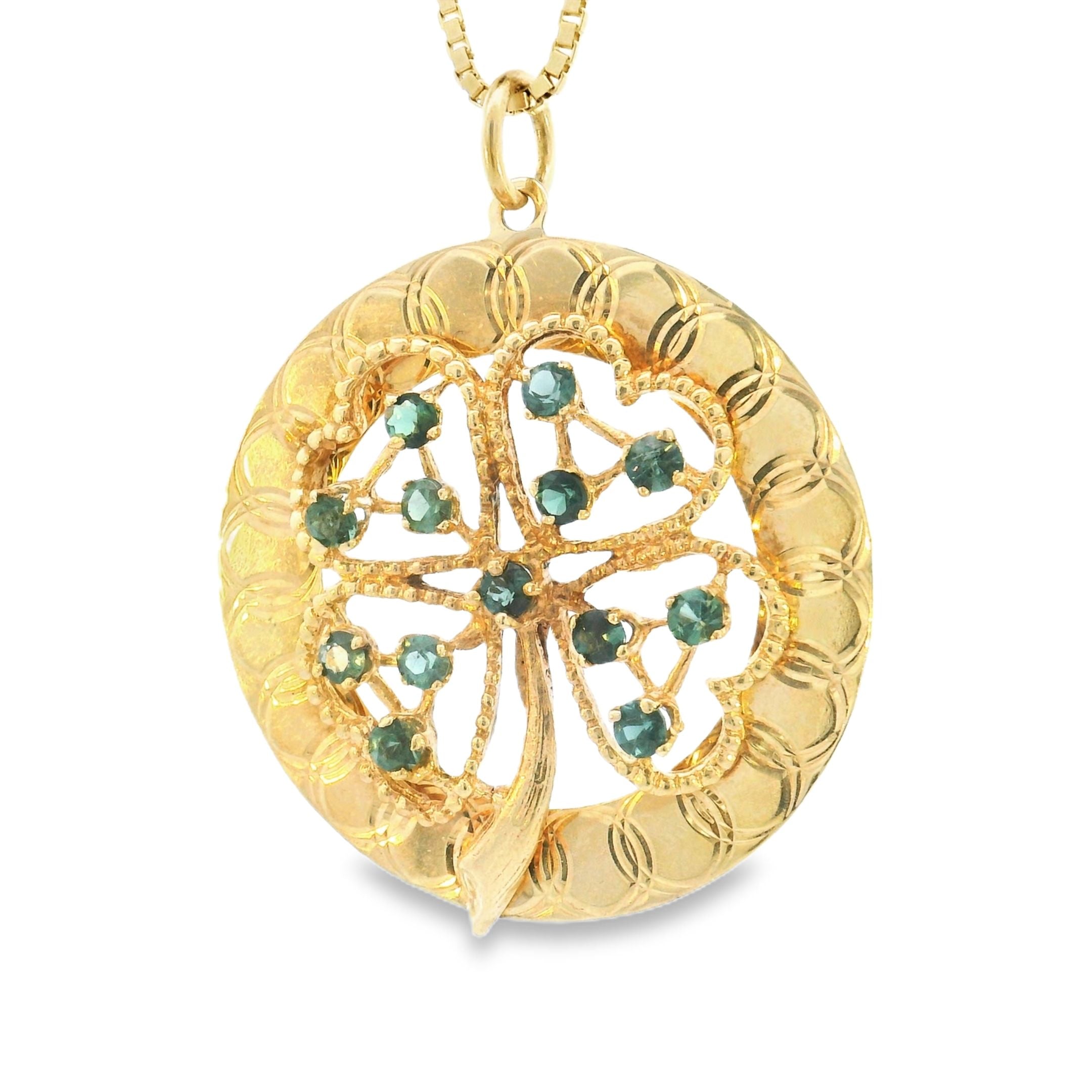 Vintage Green Tourmalines Clover 14k Gold Pendant