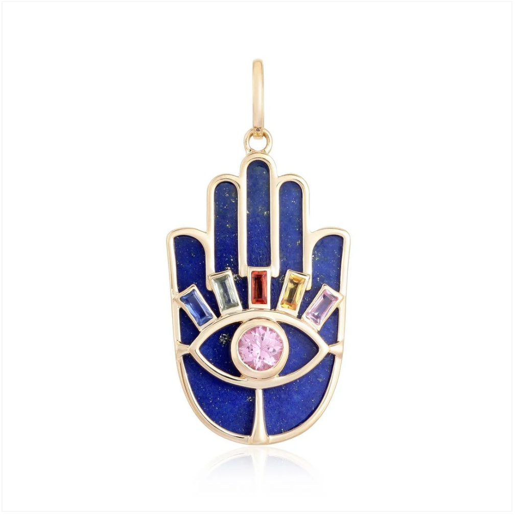 14k Gold Blue Lapis and Sapphire Evil Eye Hamsa Charm