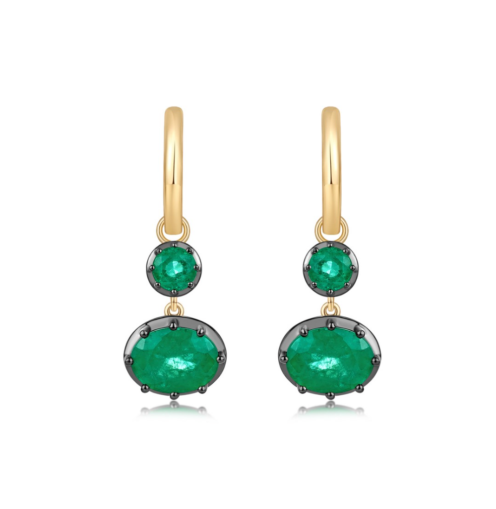 14k Yellow Gold Black Rhodium Emerald Earring