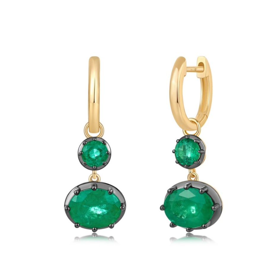 14k Yellow Gold Black Rhodium Emerald Earring