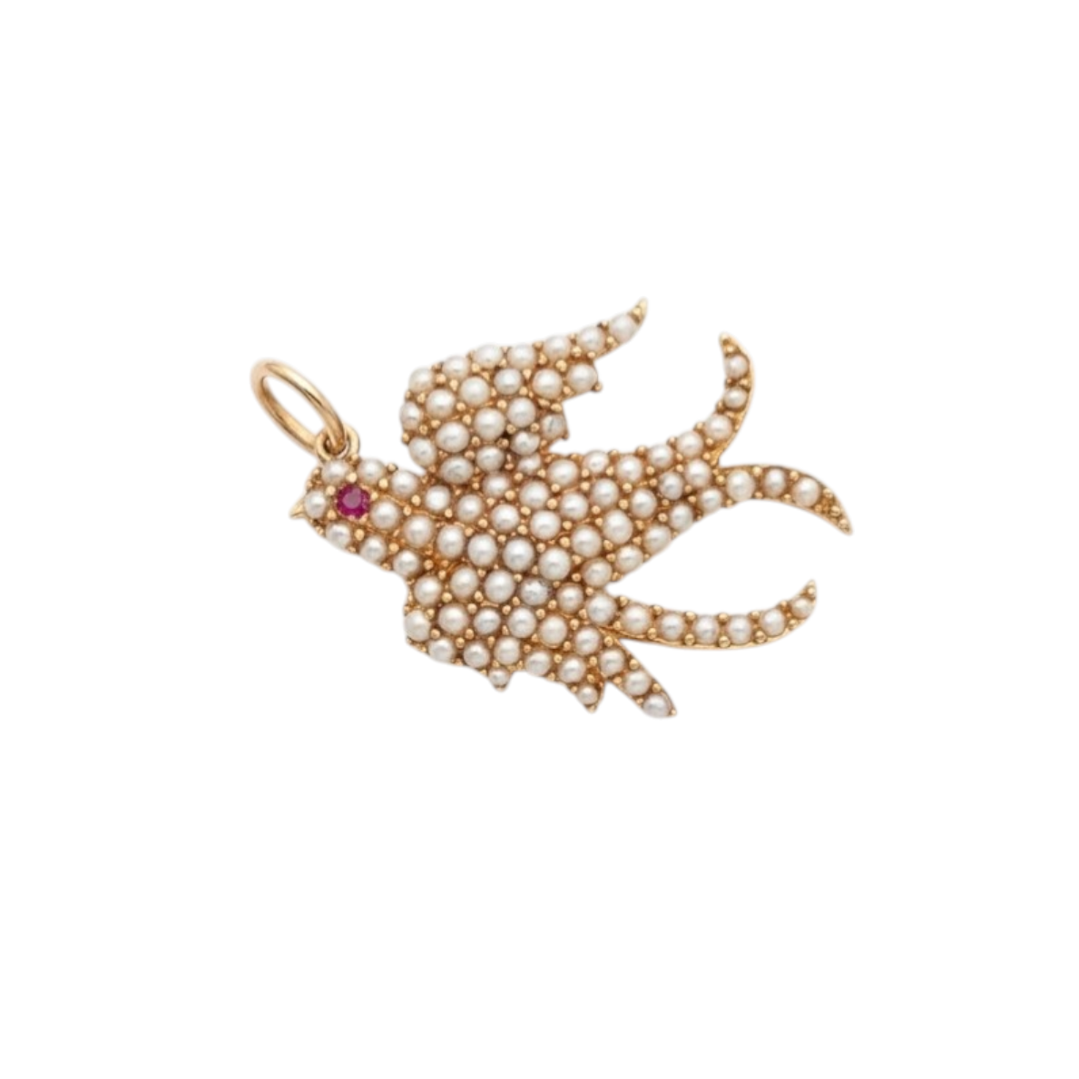 14k Gold Swallow Bird Charm with Seed Pearls & Ruby Eye - price