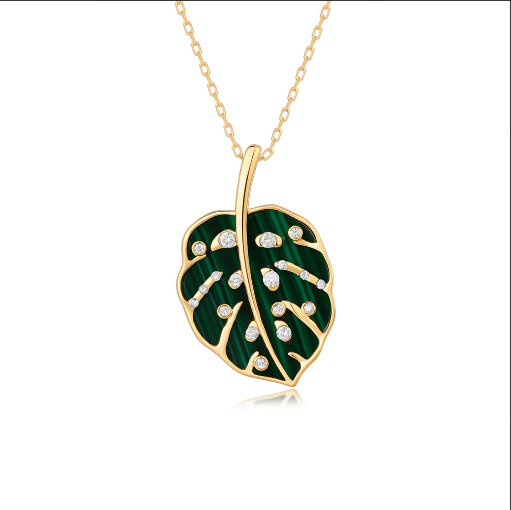14k Yellow Gold Diamond Malachite Aspen Leaf Charm