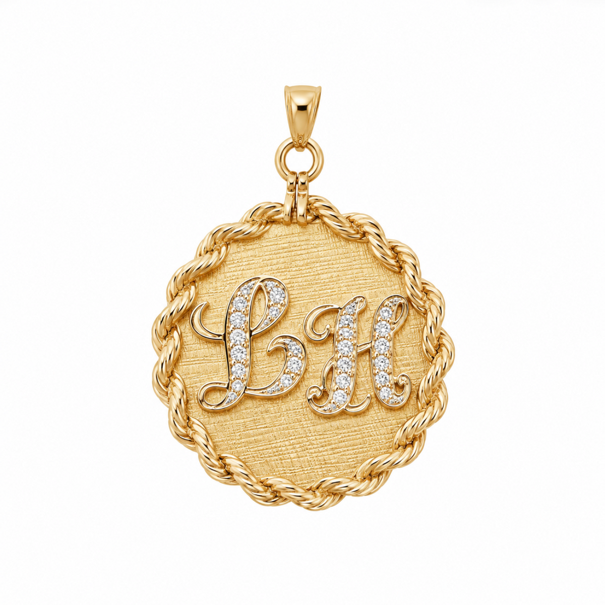 14k Yellow Gold Vintage Diamond "LH" Letter Initial Medallion Charm Pendant