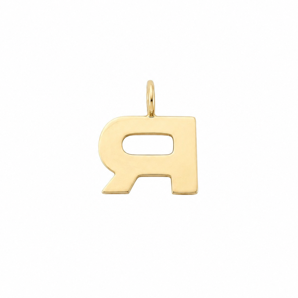 14k Yellow Gold Vintage Brushed Finish Letter "R" Initial Charm Pendant