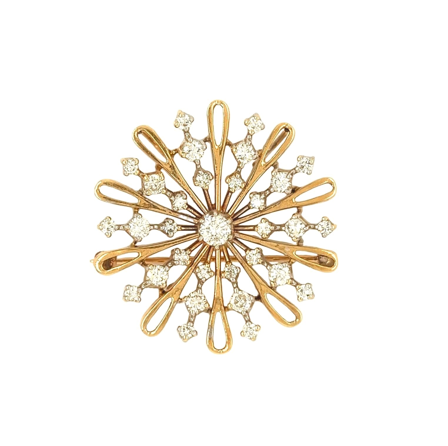 14K Yellow Gold Vintage Diamond Sunburst Pendant Brooch