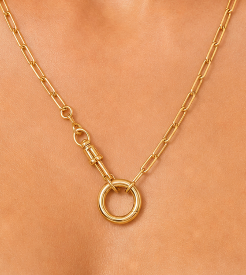 14k Yellow Gold Charm Holder Necklace with Push-in Circle and Dog tag Clip
