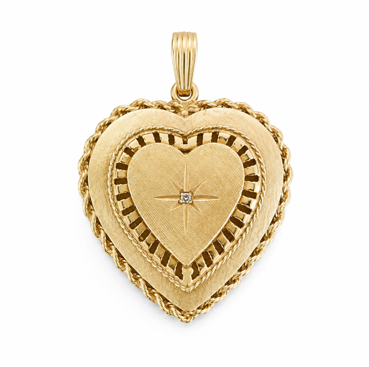 1950s 14 karat gold heart locket, rope-twist trim and starburst engraving with a center diamond, front view
