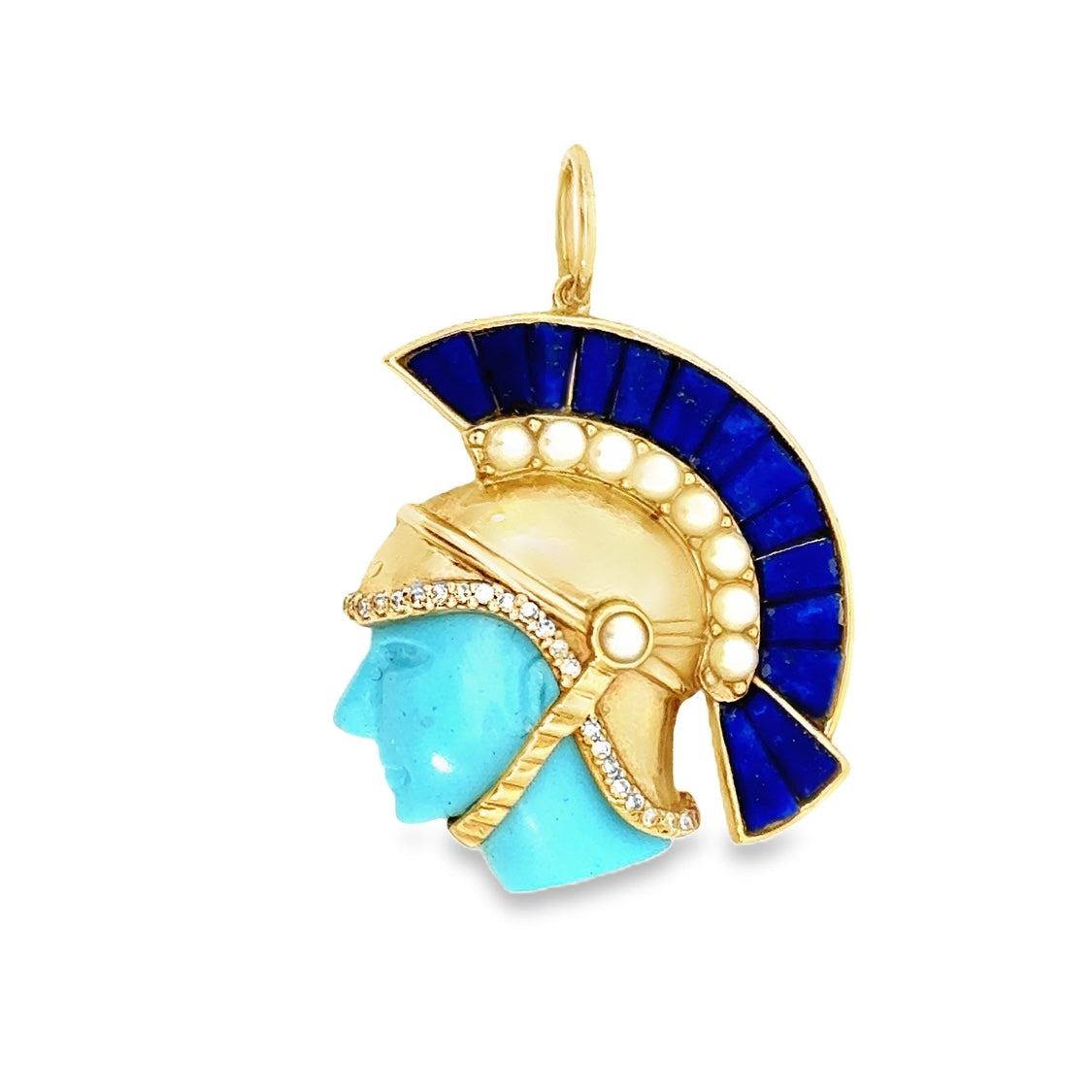 14k Yellow Gold Pearl and Diamond Trojan Head Charm