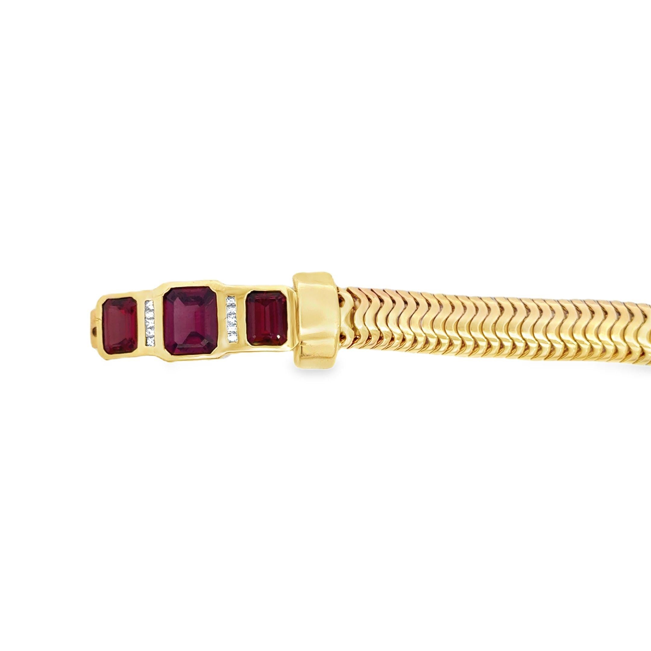 Retro 1940s 14k yellow gold vintage tubogas bracelet with ~4.00 ct garnet and diamond accents