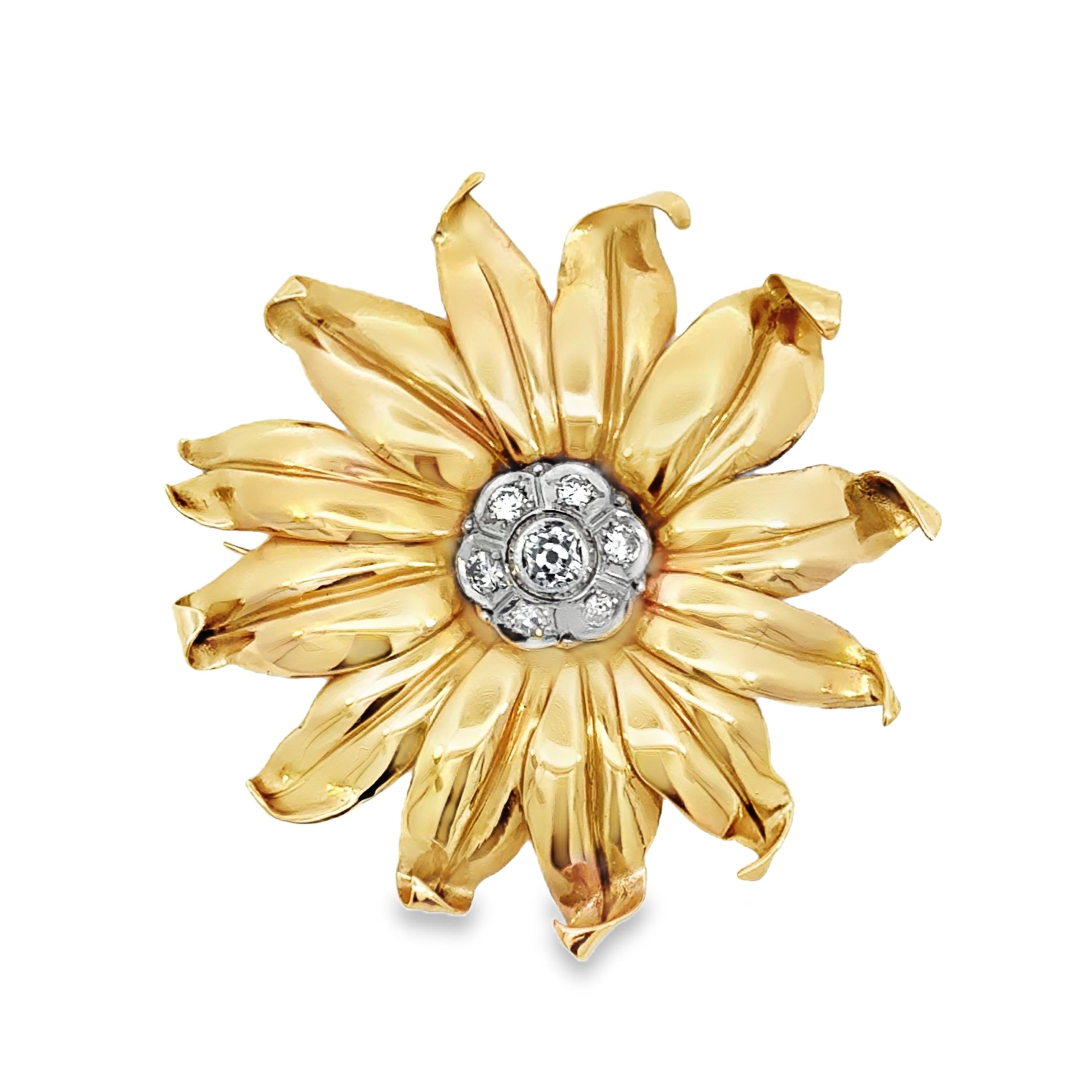 18k Rose .65 carat Old Mine Cut Diamond Vintage Flower Gold Pendant/Pin