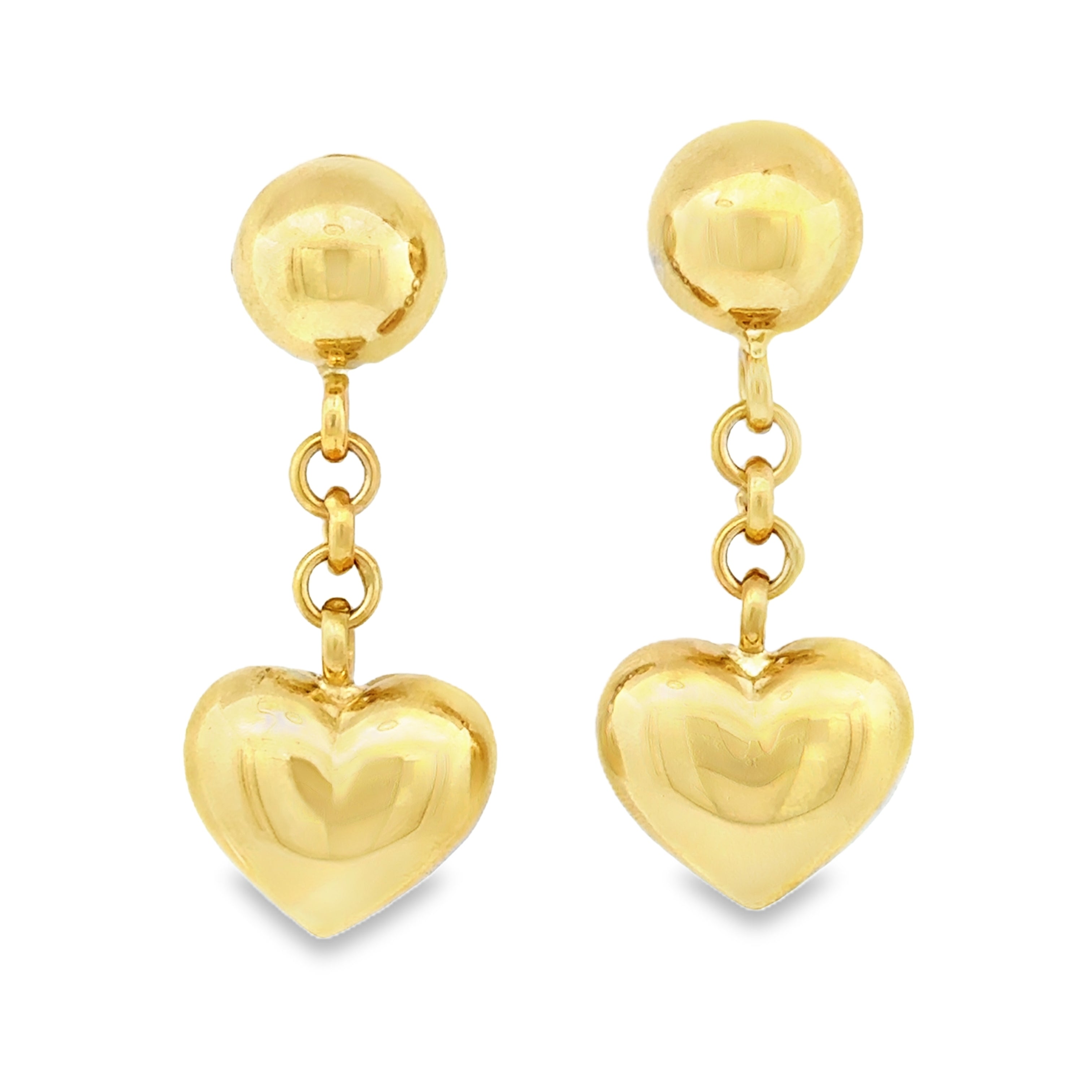 14K Yellow Gold Vintage Drop Chain Puffy Heart Stud Earrings