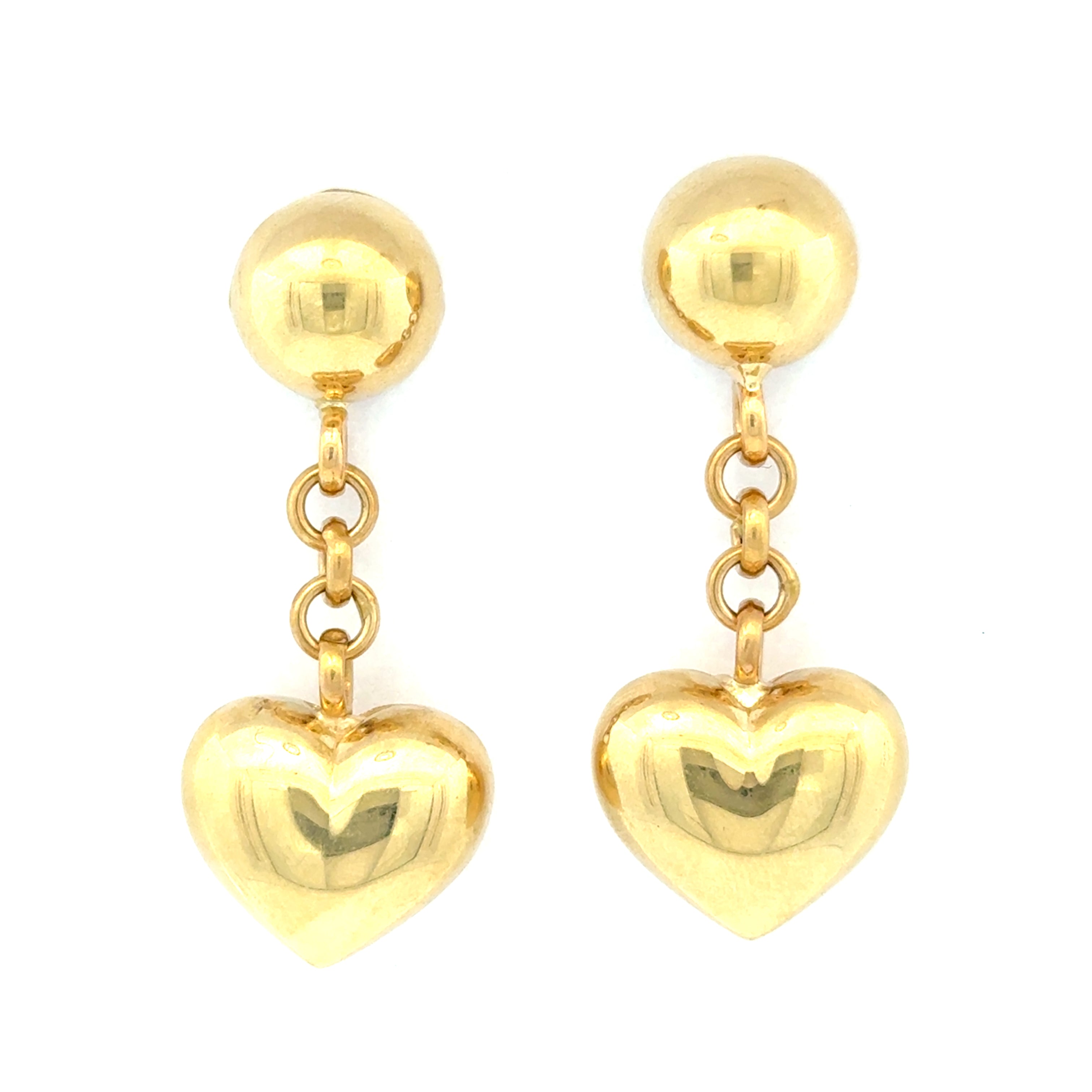 14K Yellow Gold Vintage Drop Chain Puffy Heart Stud Earrings