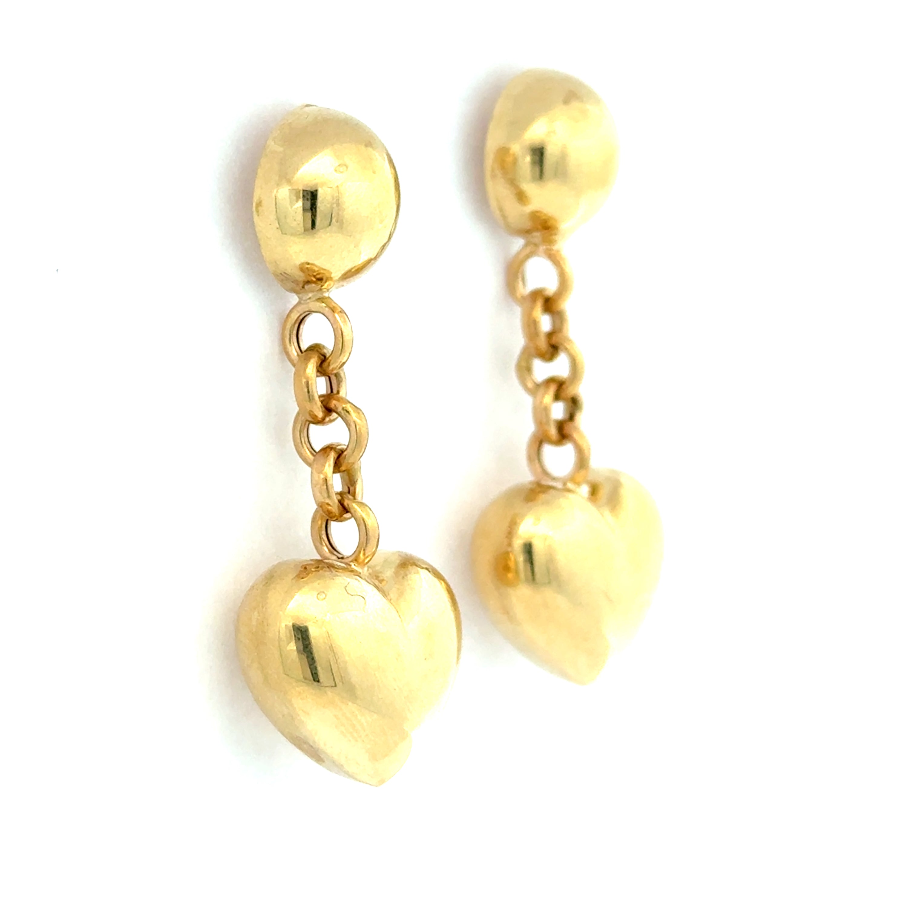 14K Yellow Gold Vintage Drop Chain Puffy Heart Stud Earrings