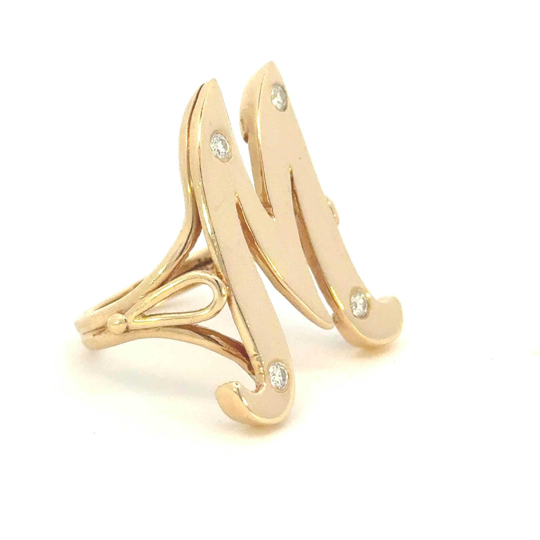 14K Yellow Gold Vintage Diamond "M" Ring