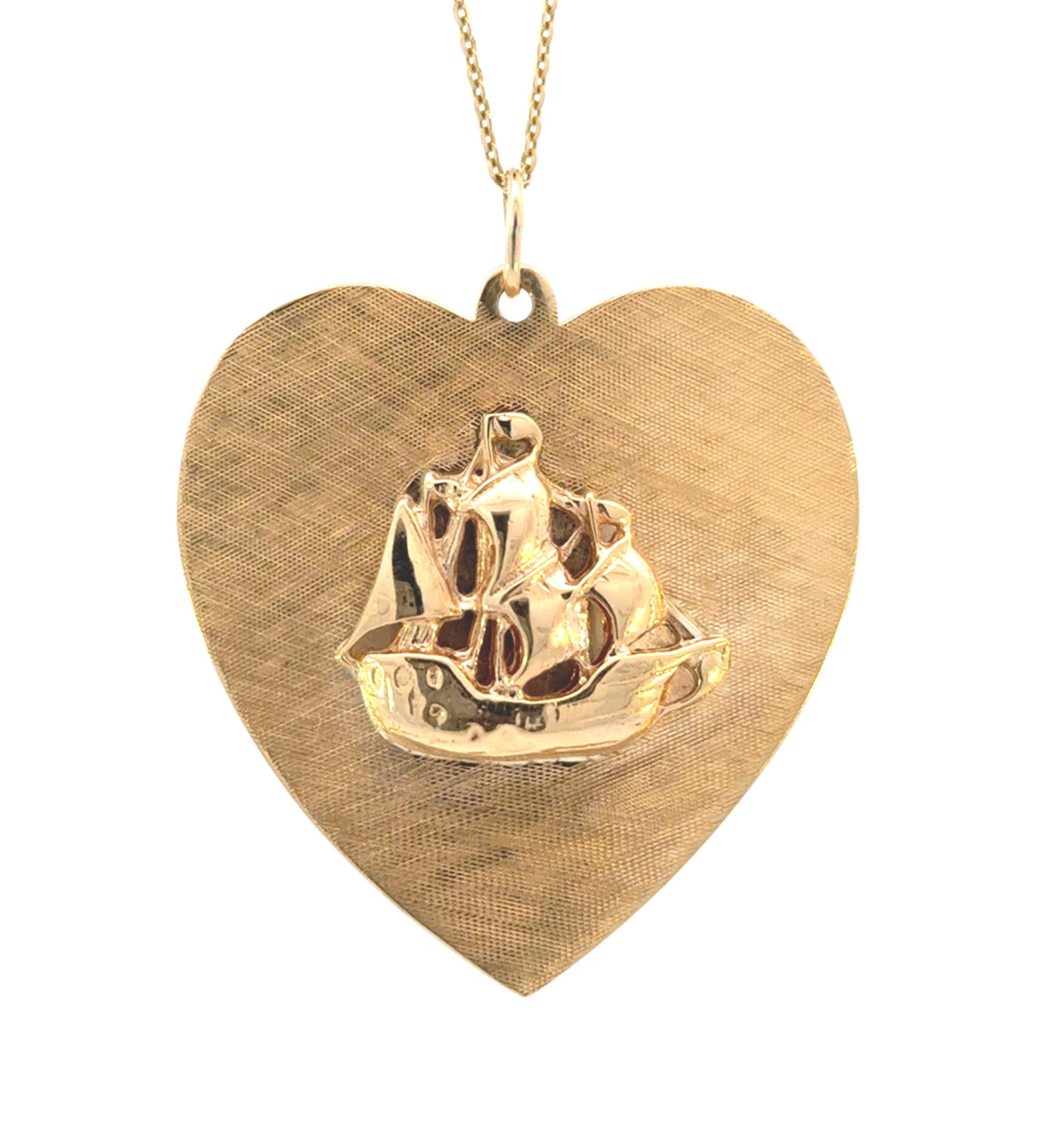 14k Yellow Gold Vintage Sail Boat Heart Charm