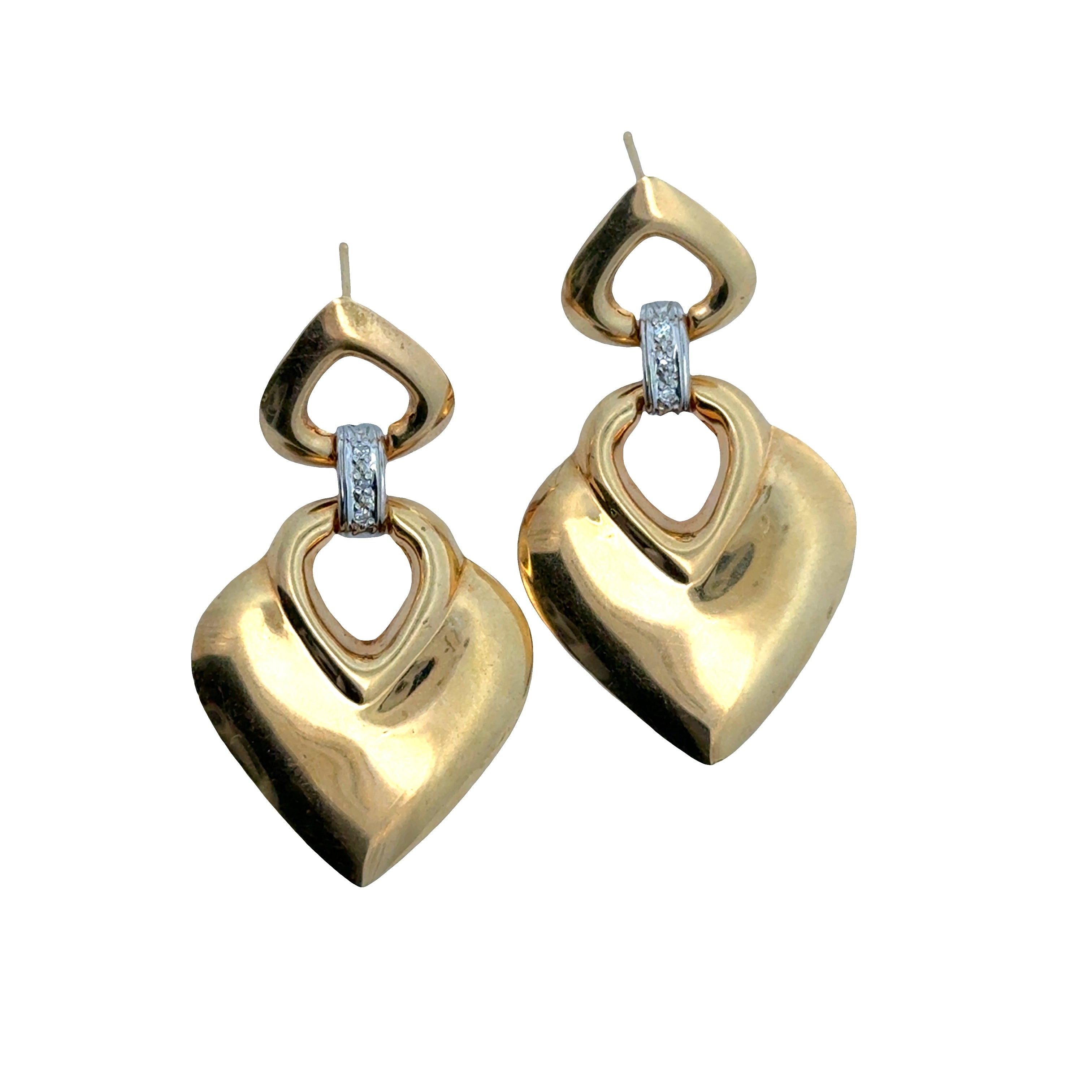 14k Yellow Gold Vintage Drop Heart Diamond Earrings