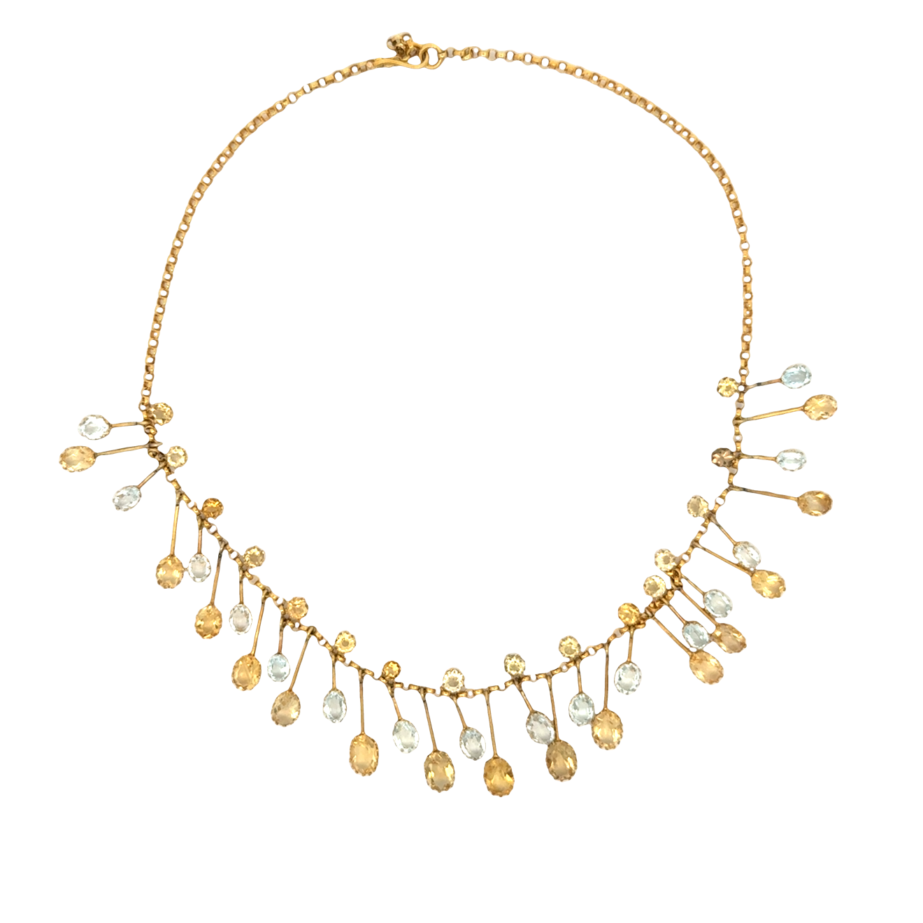 Vintage 14k gold fringe necklace with alternating oval citrine and aquamarine drops on articulated bars, mid-century design