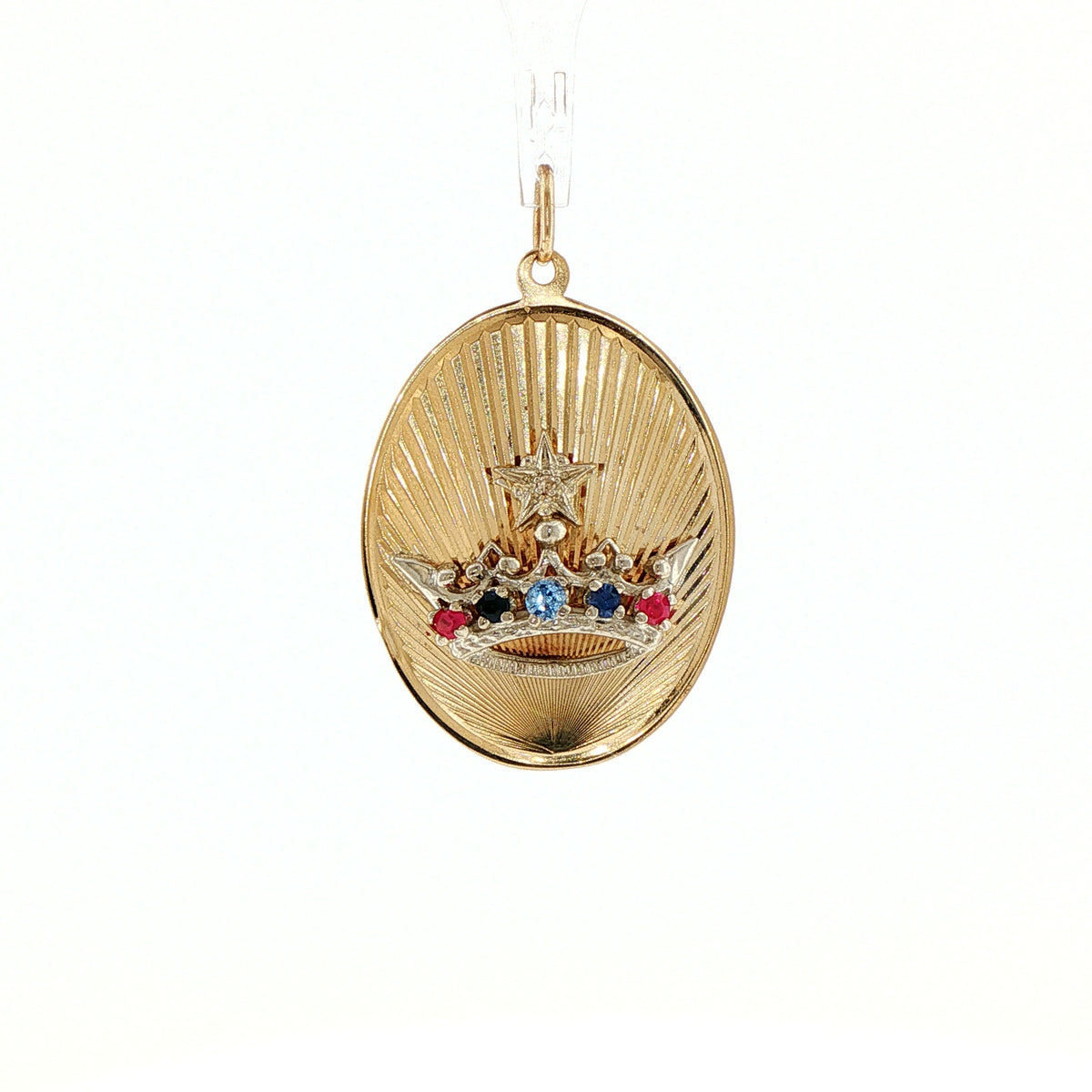 1960s 14 karat yellow gold engine-turned crown charm pendant with gemstone accents, front view