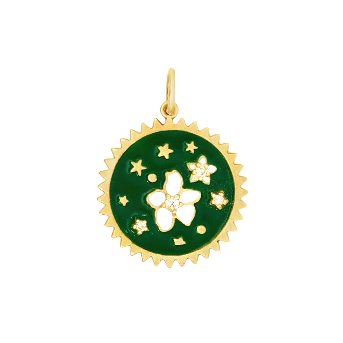 Gold pendant with green enamel and floral design on a white background