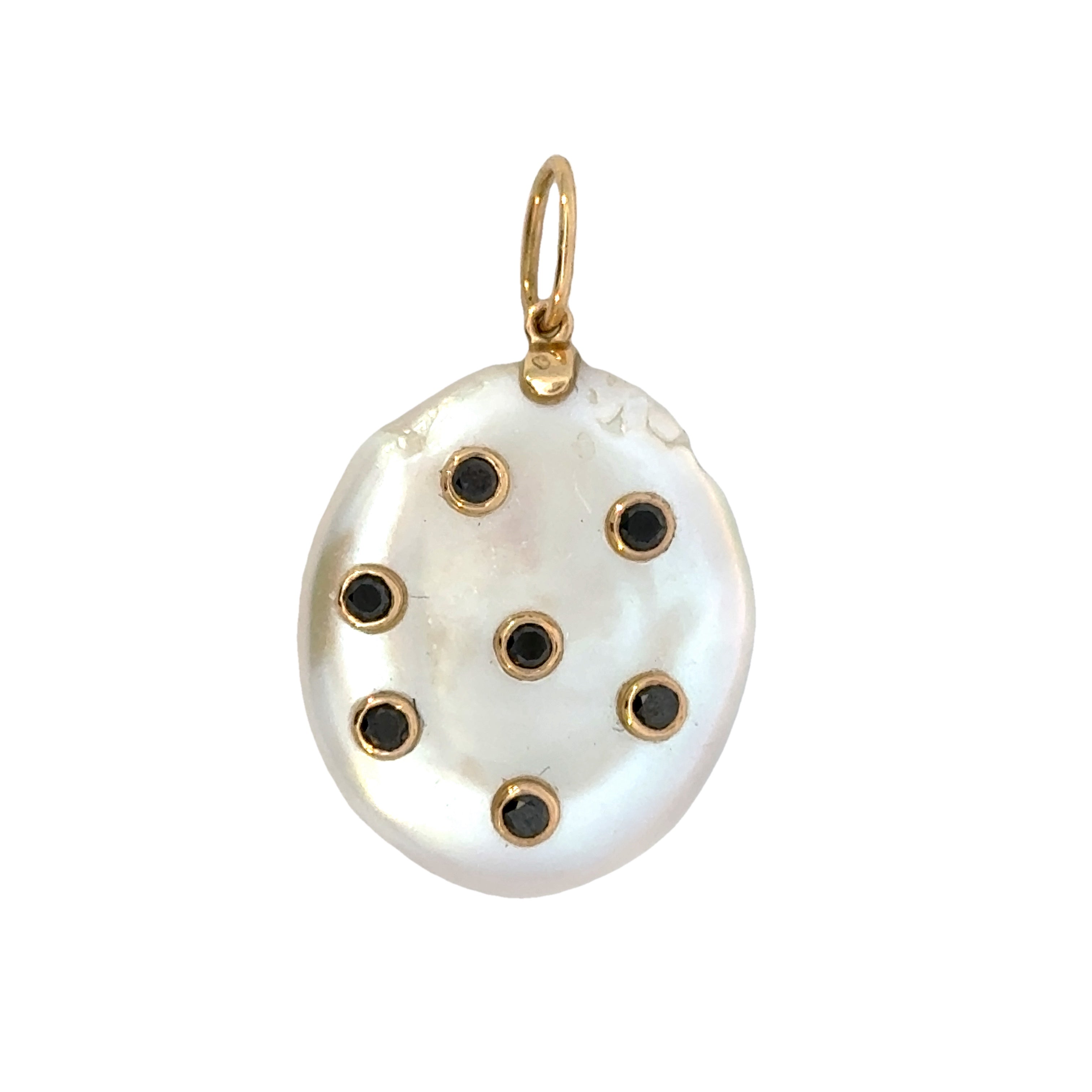 Pearl pendant with black stones and gold accents on a white background