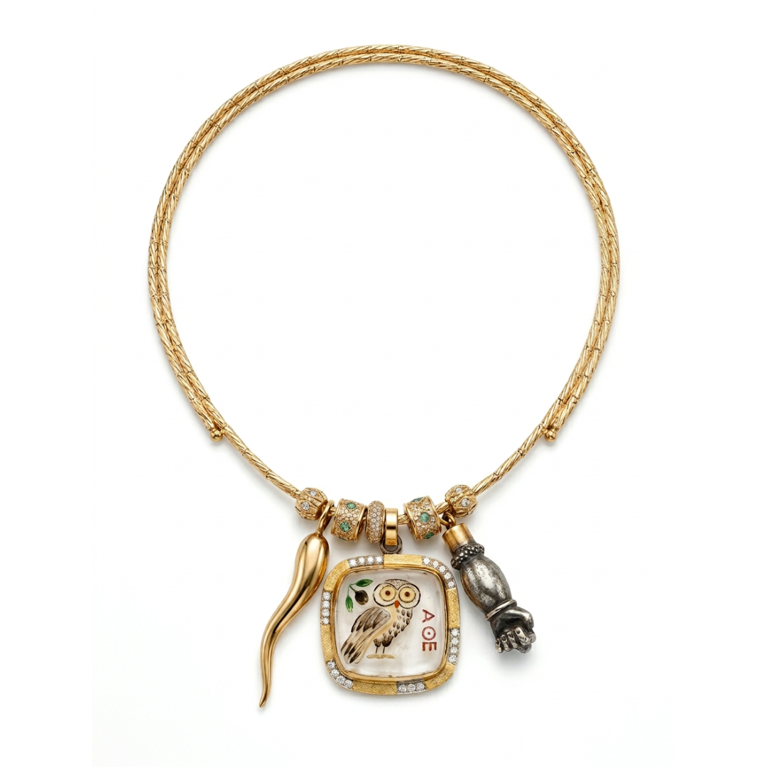 24K Yellow Gold Silver Diamond Mother of Pearl Athenas Owl Miniature Painting Charm