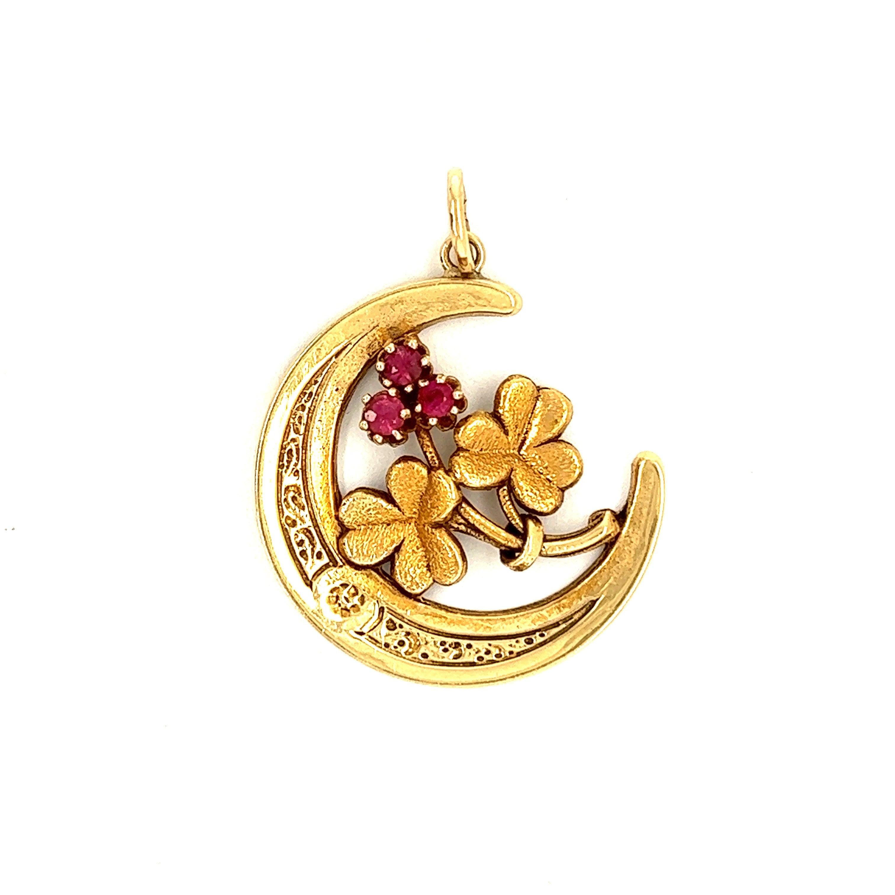 Victorian Ruby Clover Moon 14k Gold Pendant