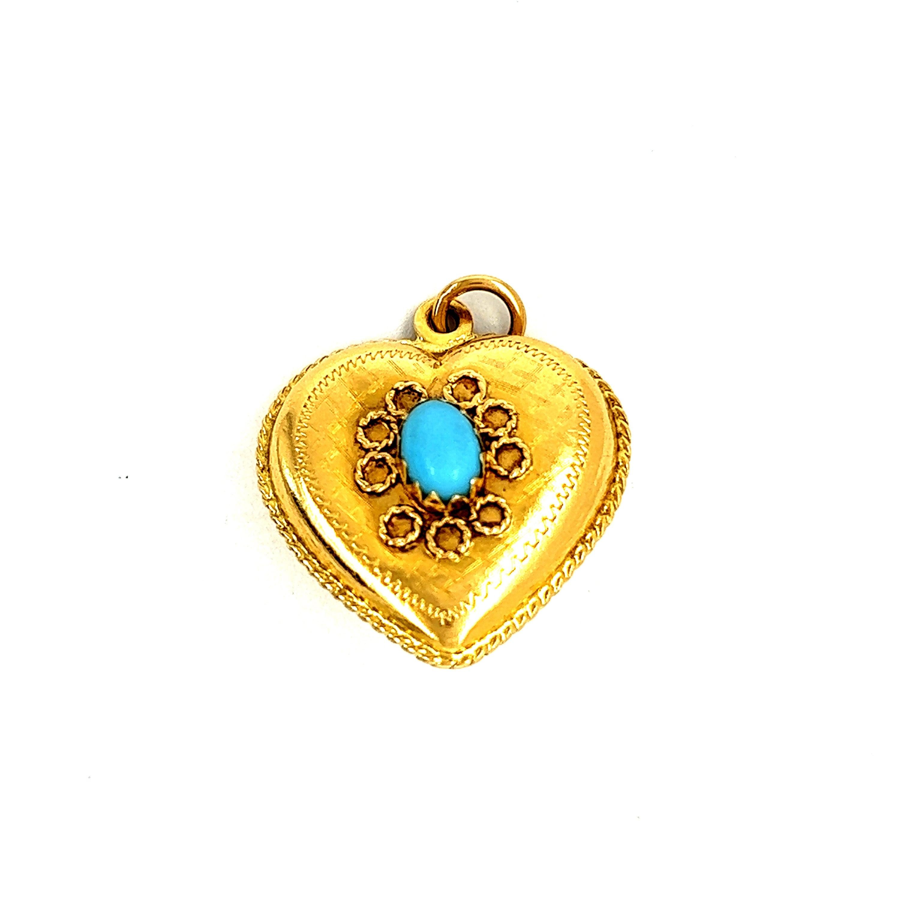 Victorian Turquoise Puffy Heart 14k Gold Charm