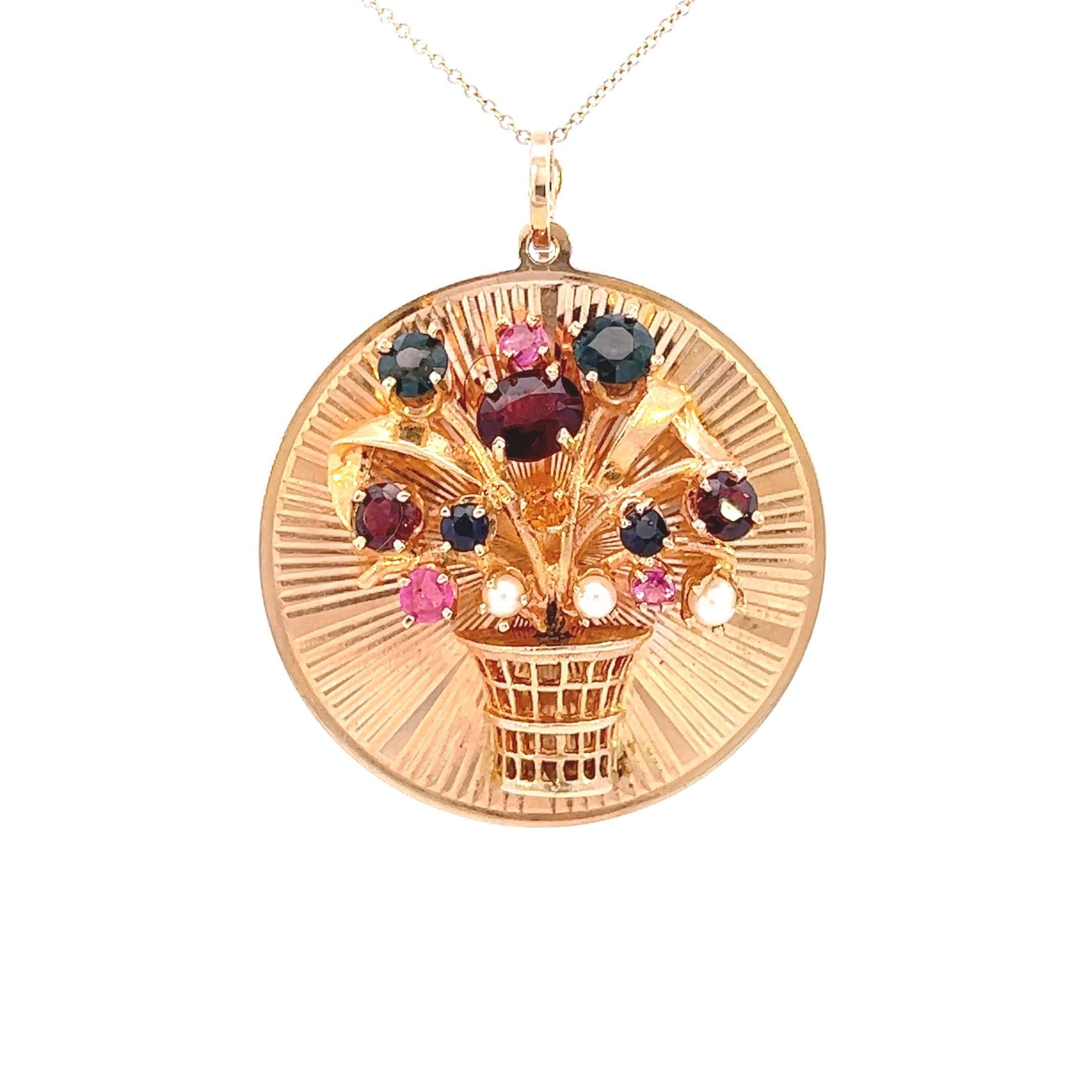 Vintage Engine Turned Gemstone Flower Bouquet 14k Gold Charm