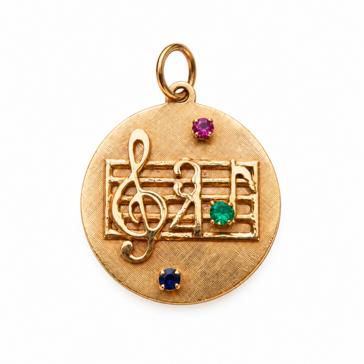 14 karat Yellow Gold Vintage 1950s Ruby, Emerald, Sapphire Music Charm