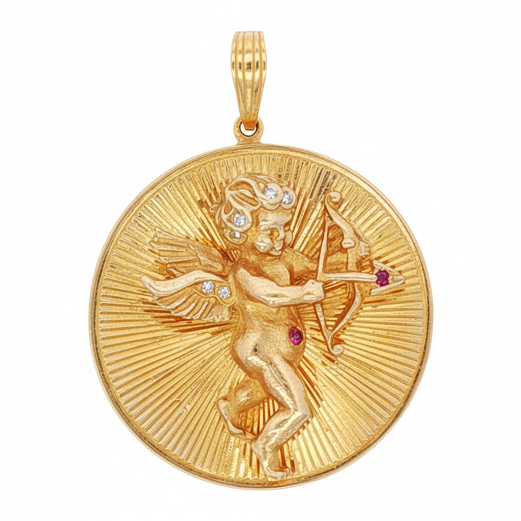 Colgante de oro amarillo de 14 k con forma de querubín, diamante y zafiro rosa, estilo vintage, con motor torneado 