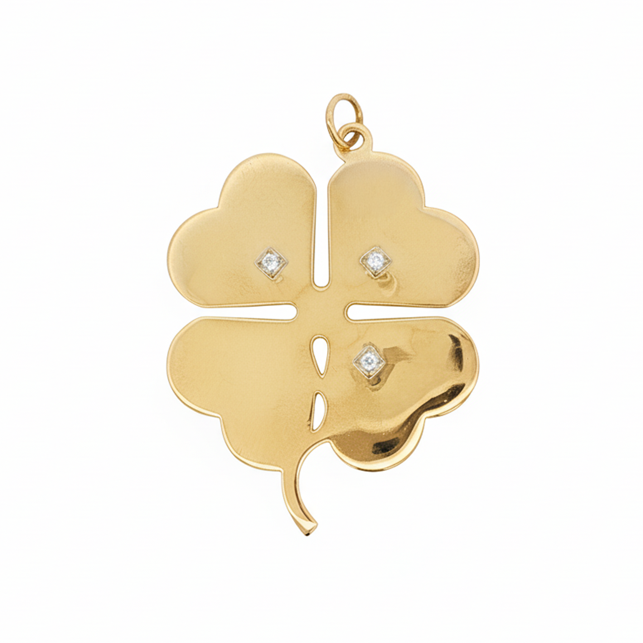 Vintage 1950s 14k gold clover charm with pearls and rubies, engine-turned front view