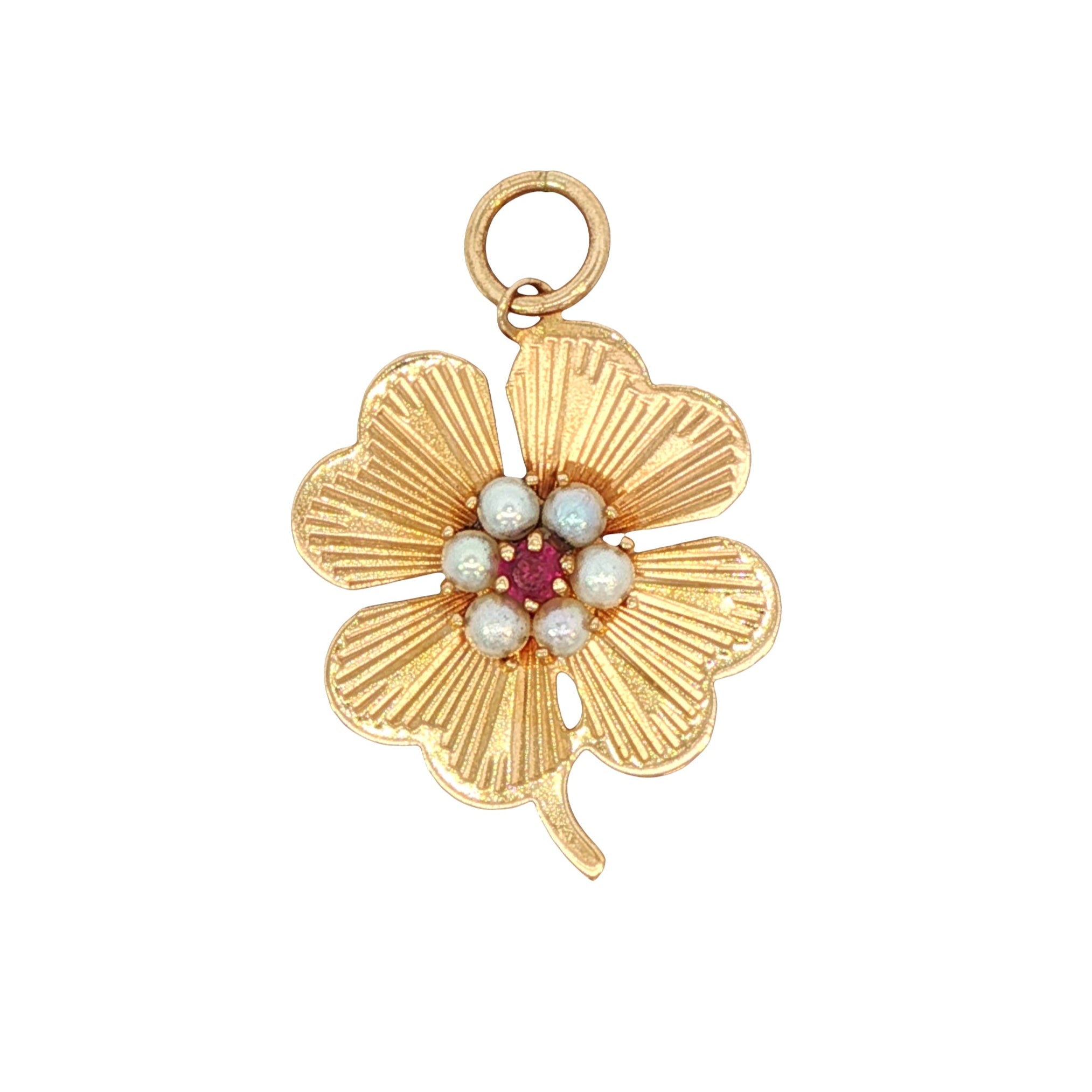 14k Yellow Gold Vintage Engine Turned Pearl Pink Sapphire Clover Charm