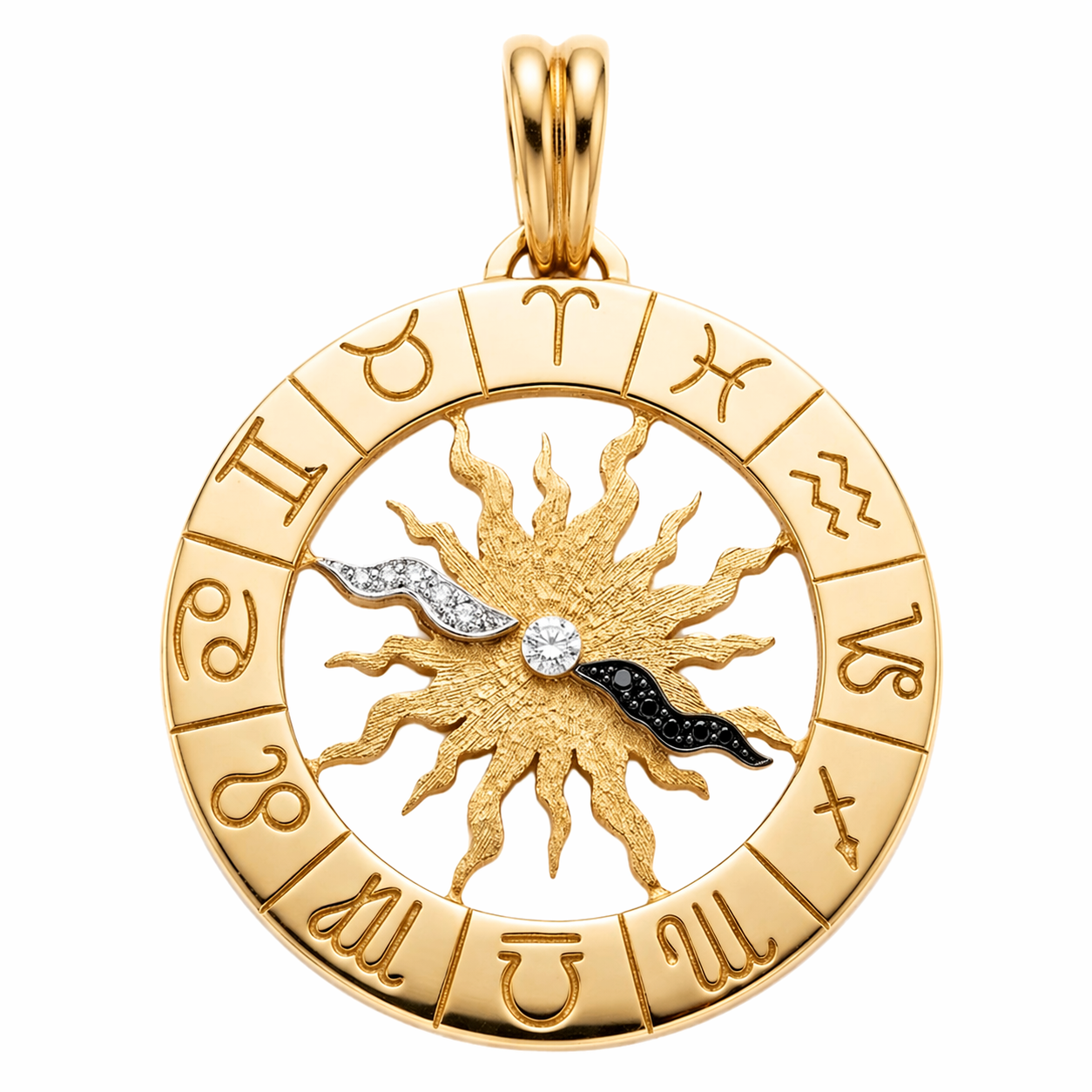 18K Yellow Gold Diamond Vintage Zodiac Sun Celestial Astrology Medallion Pendant
