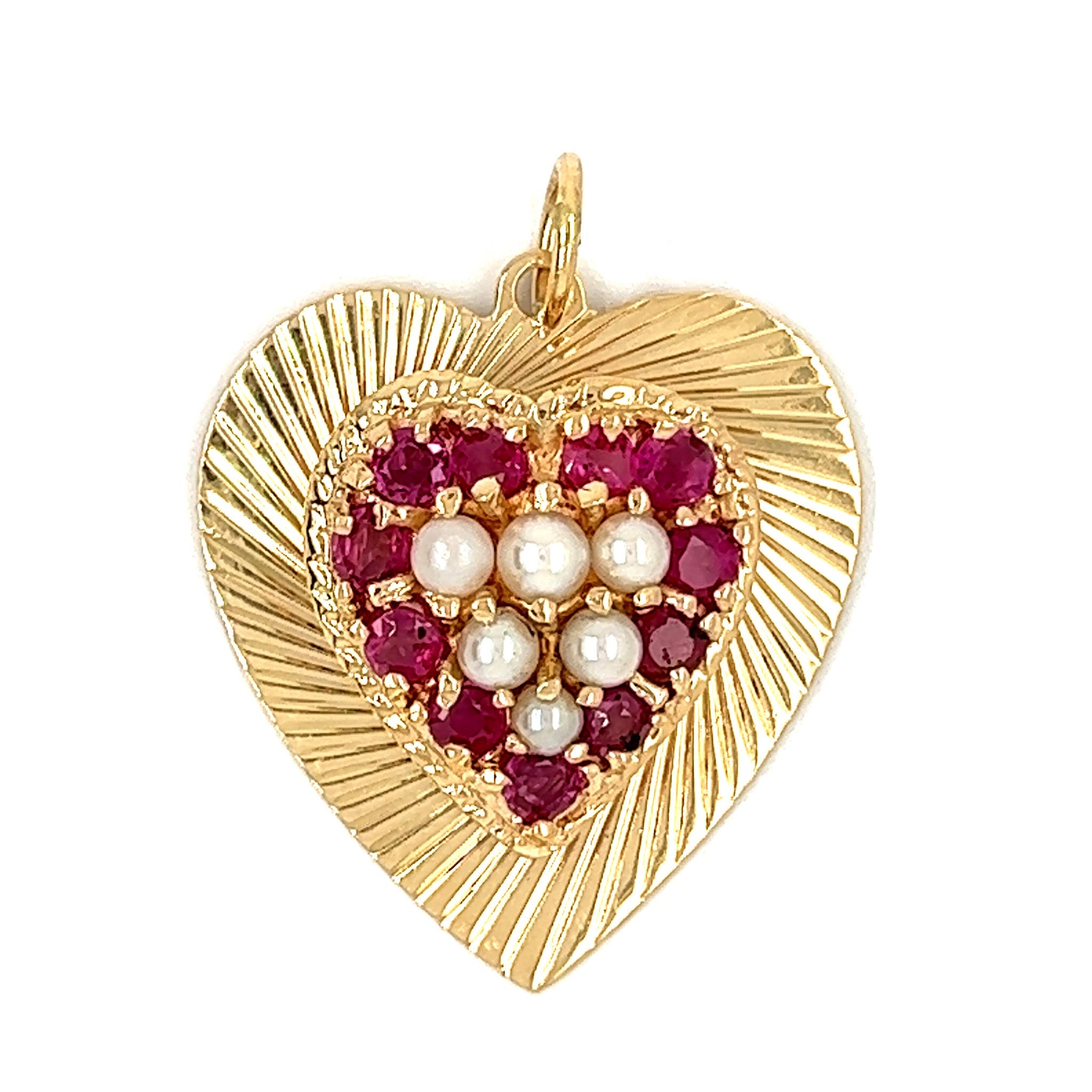 Vintage Engine Turned Double Heart Ruby and Pearls 14k Gold Charm