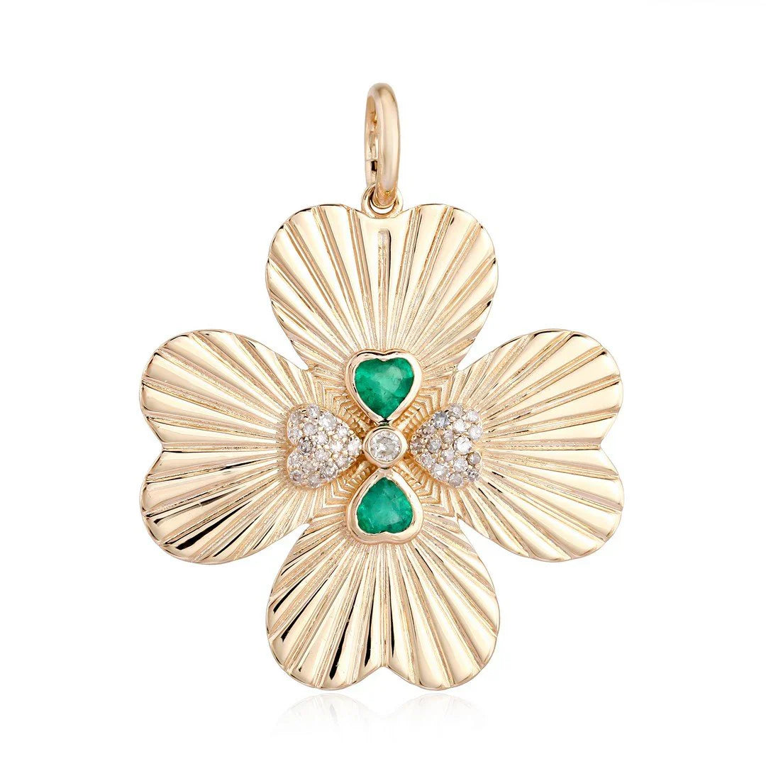 14k Yellow Gold Diamond and Emerald Engine Turned Clover Charm