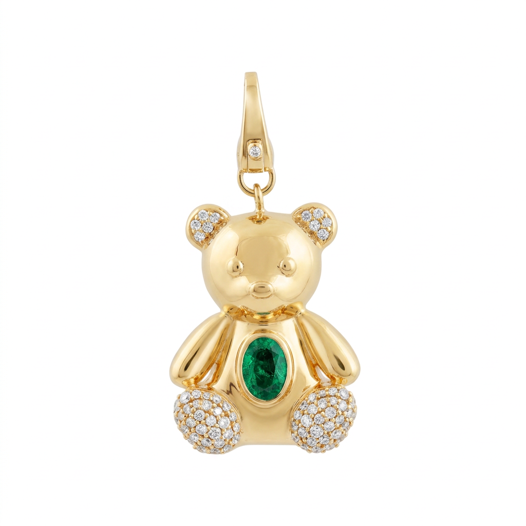 14k Yellow Gold .5 Carat Diamond and Emerald Teddy Bear Lobster Clasp Charm Pendant