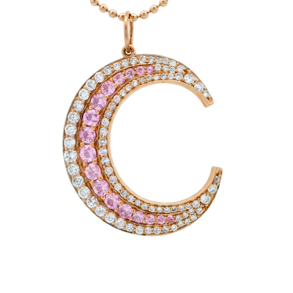 14k Yellow Gold Diamond Pink Sapphire Crescent Moon Charm Pendant