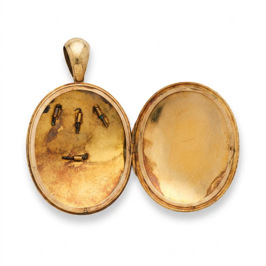 Victorian 14 Karat yellow gold oval horseshoe locket pendant, reverse view
