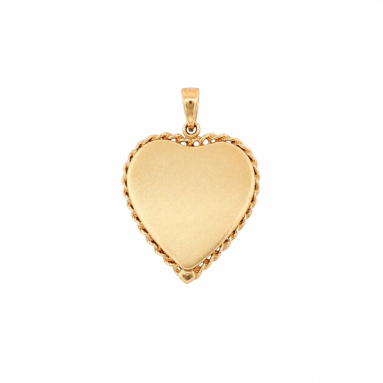 Reverse plate of 14 karat gold heart locket, satin finish within lattice chain border