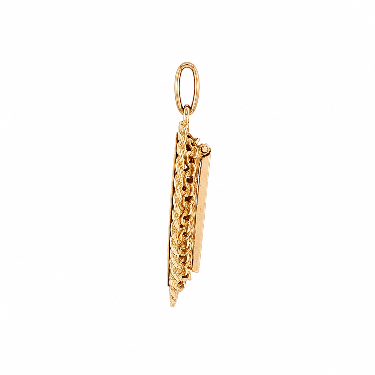 Side profile of vintage gold heart locket showing pin hinge and plain oval bail