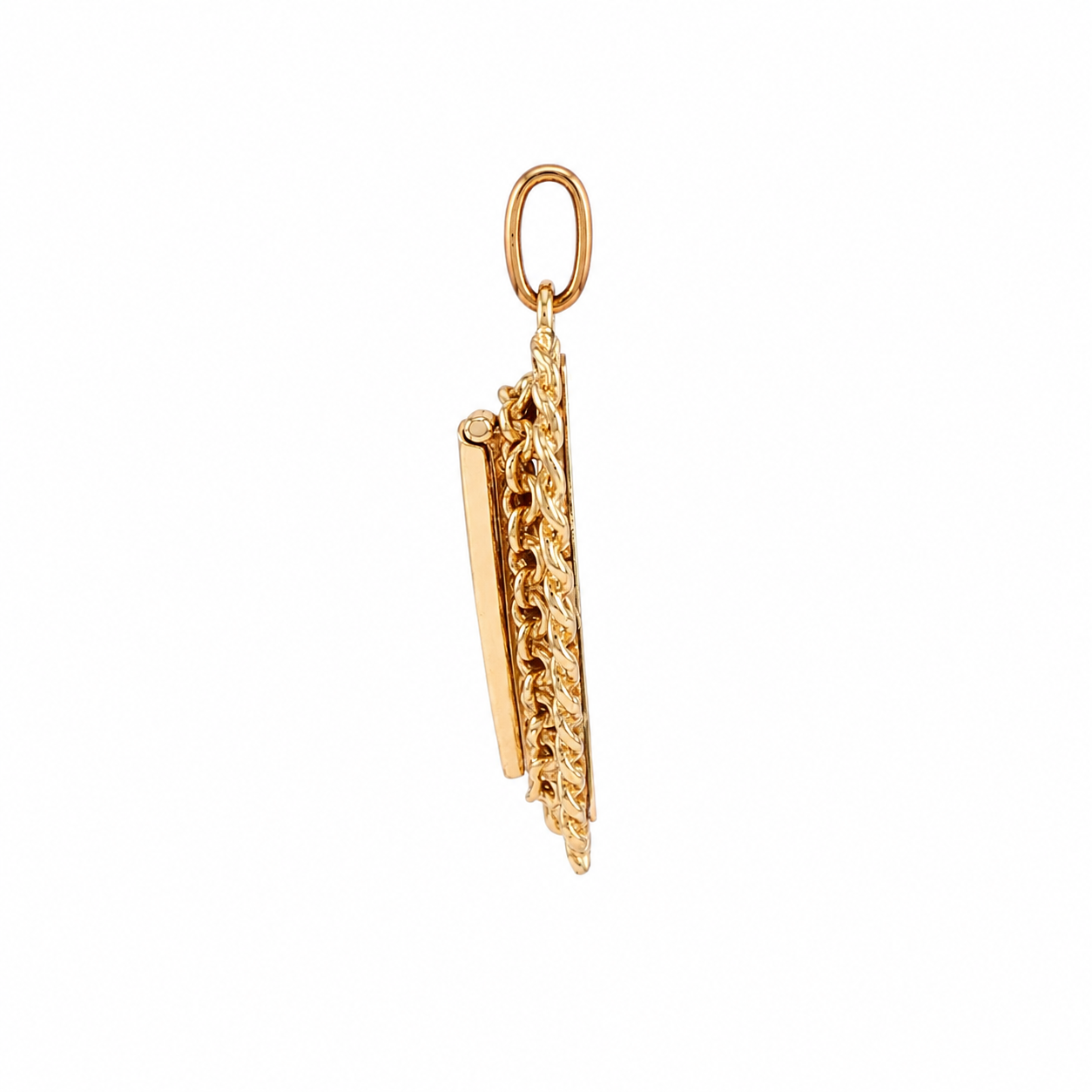 Opposite side profile of gold heart locket, rope-twist border edge and hinge detail