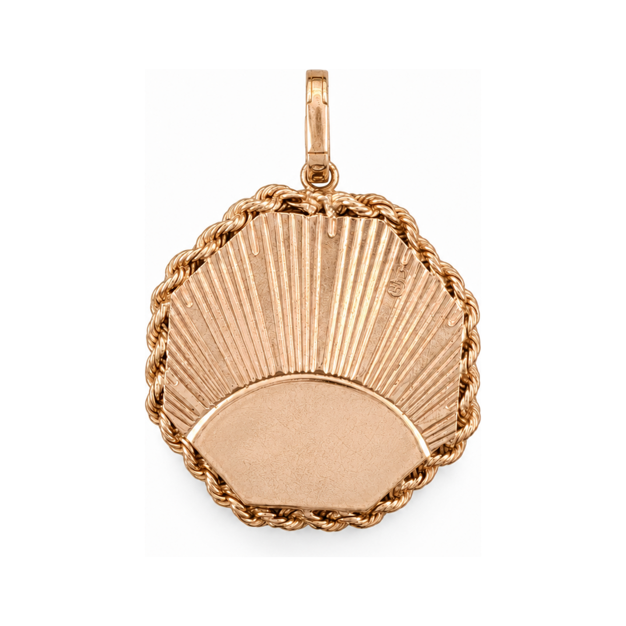 14 karat yellow gold mid-century locket, back view, showing fluted sunburst rays and an unidentified maker's mark.